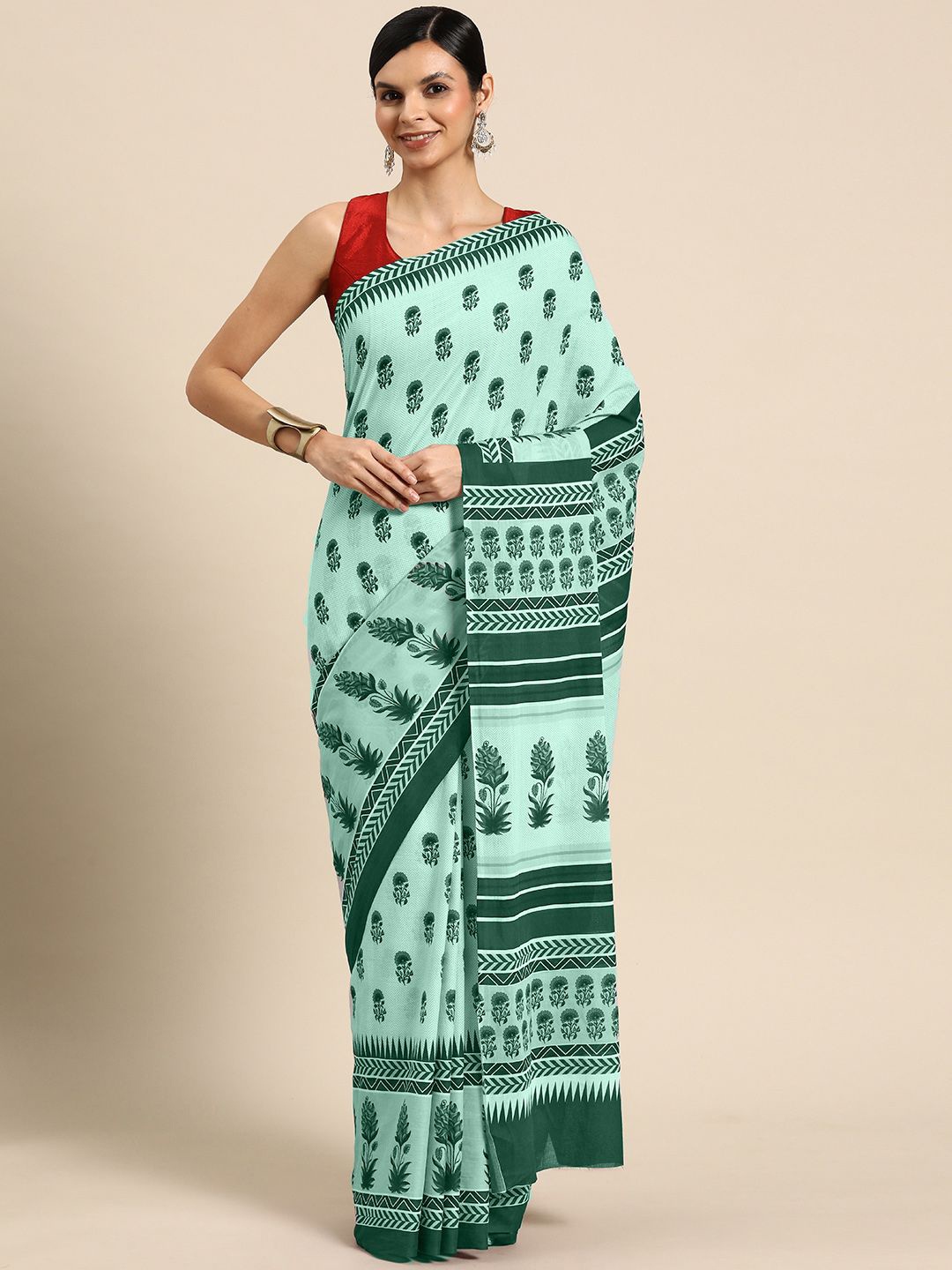 

BUTA BUTI Floral Printed Pure Cotton Saree, Green