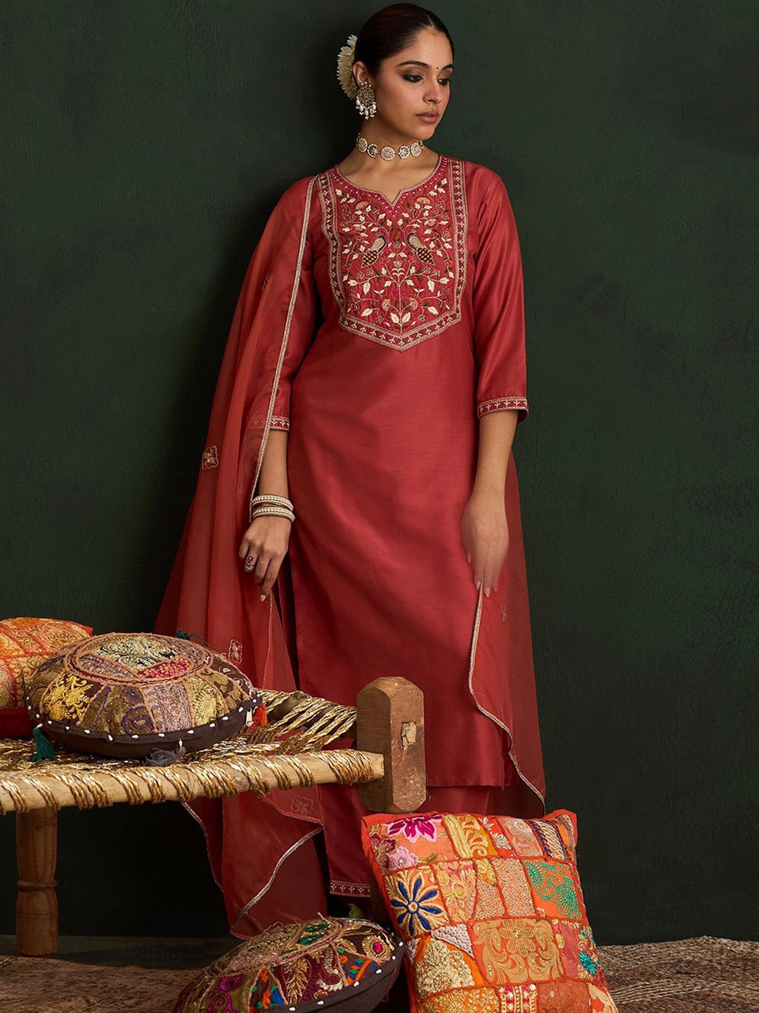 

Indo Era Ethnic Motifs Embroidered Thread Work Straight Kurta With Trousers & Dupatta, Orange