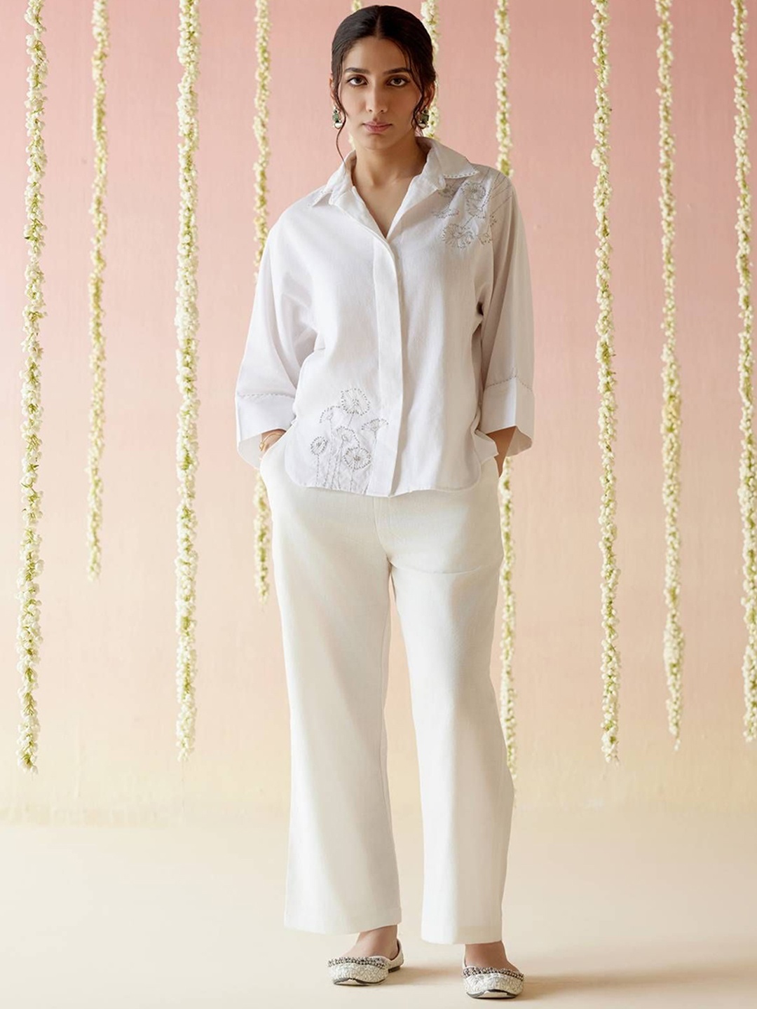 

NERO Embroidered Pure Cotton Shirt With Trouser, White