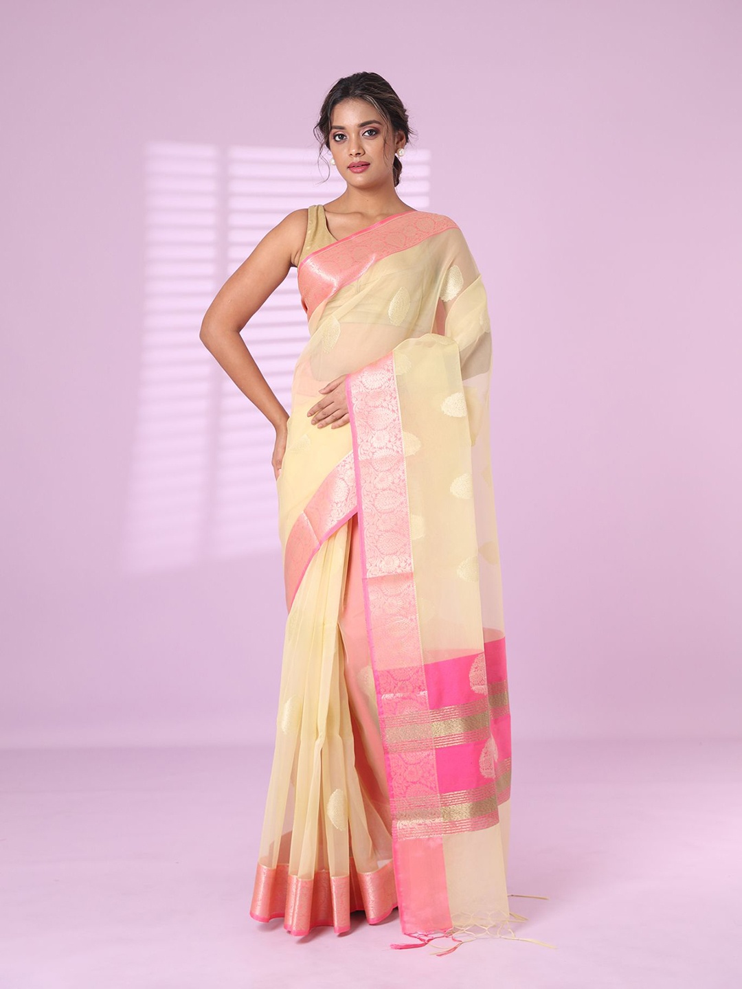 

Charukriti Woven Design Saree With Zari Border, Beige