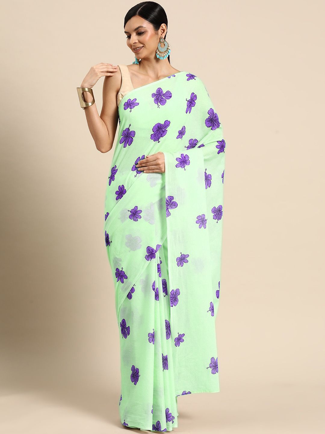 

BUTA BUTI Floral Pure Cotton Printed Saree, Purple