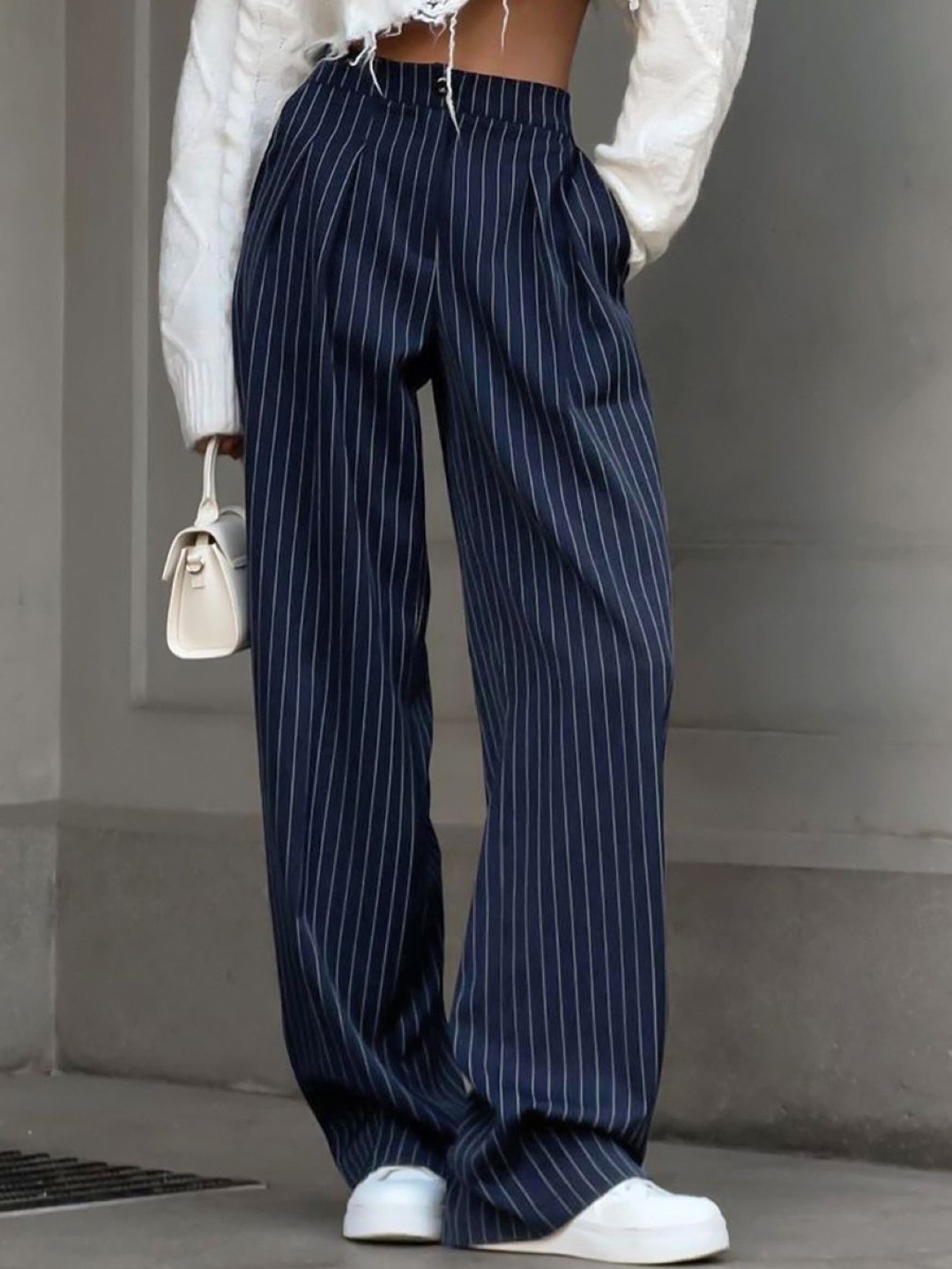 

KPOP Women Striped Slip-On Formal Original Trousers, Navy blue