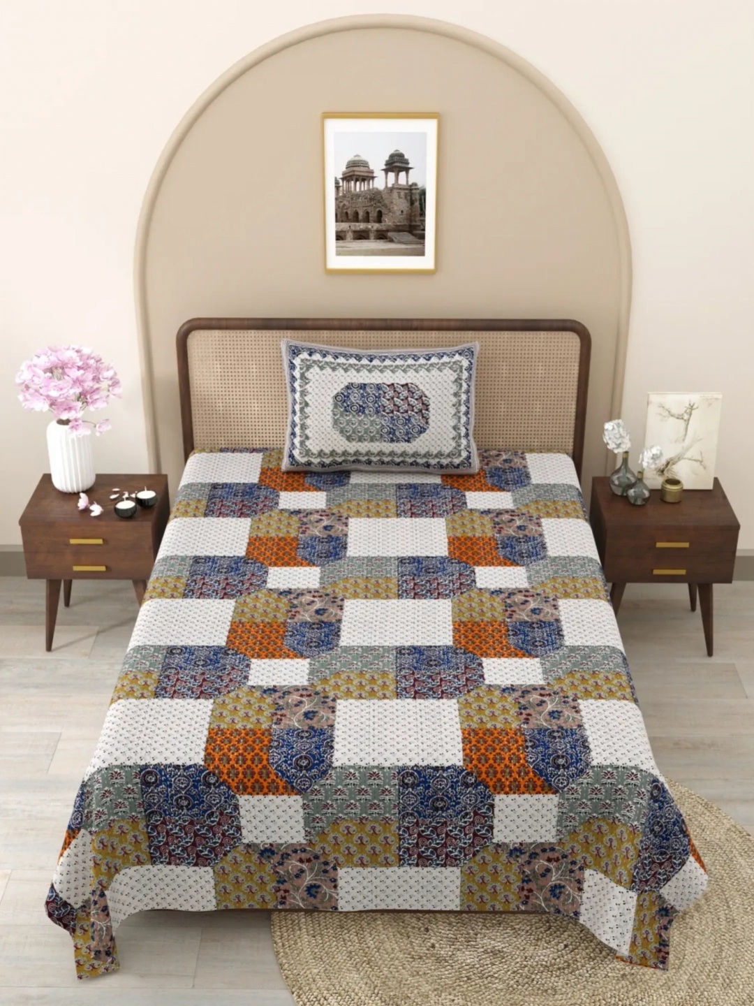 

LIVING ROOTS White & Blue Ethnic Motifs Cotton 144 TC Single Bedsheet with 1 Pillow Covers