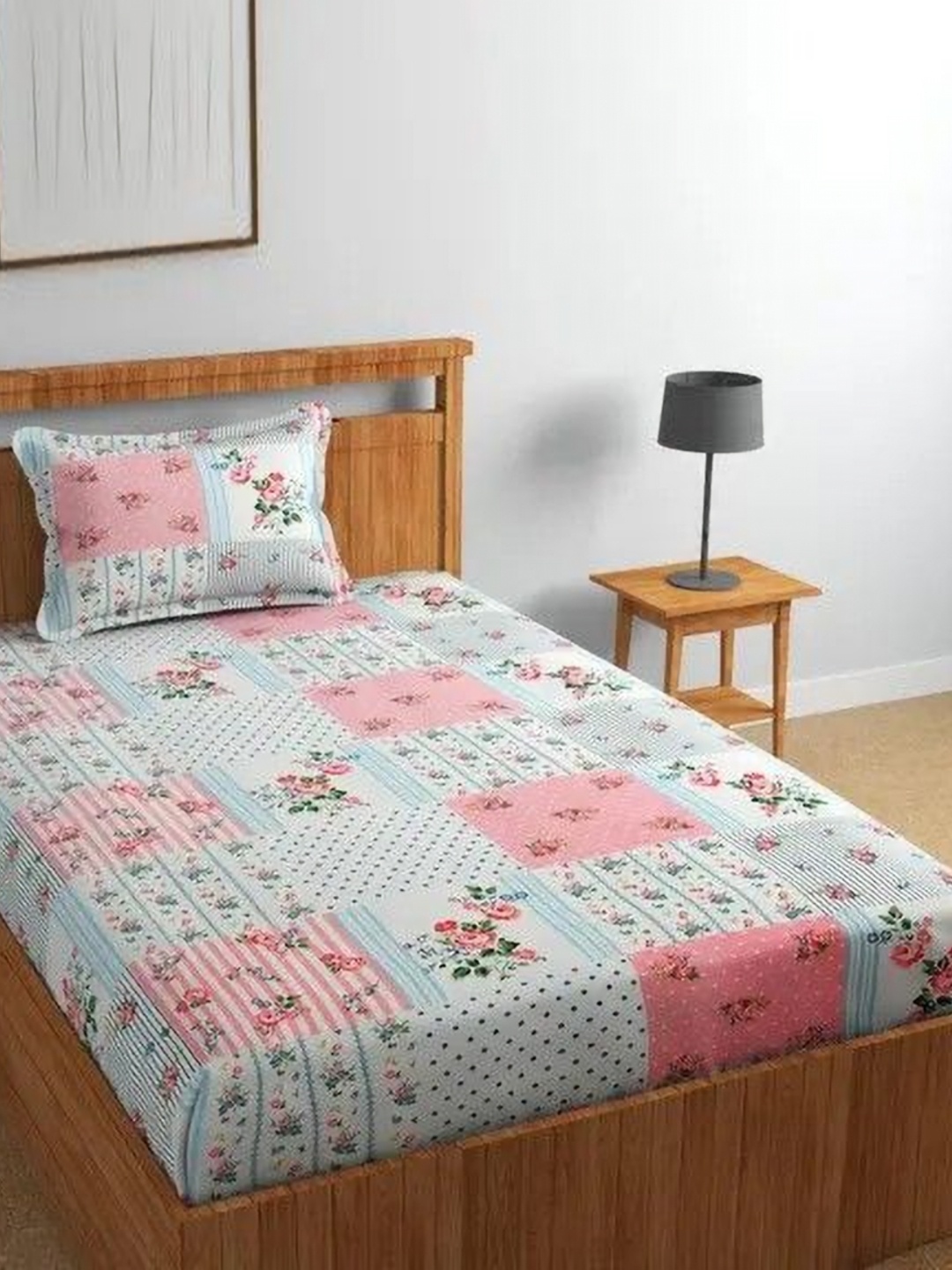 

MORADO Pink & White Floral Printed 210 TC Bedsheet with 1 Pillow Covers