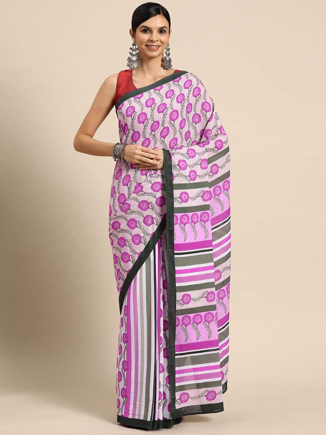 

BUTA BUTI Floral Pure Cotton Saree, Pink