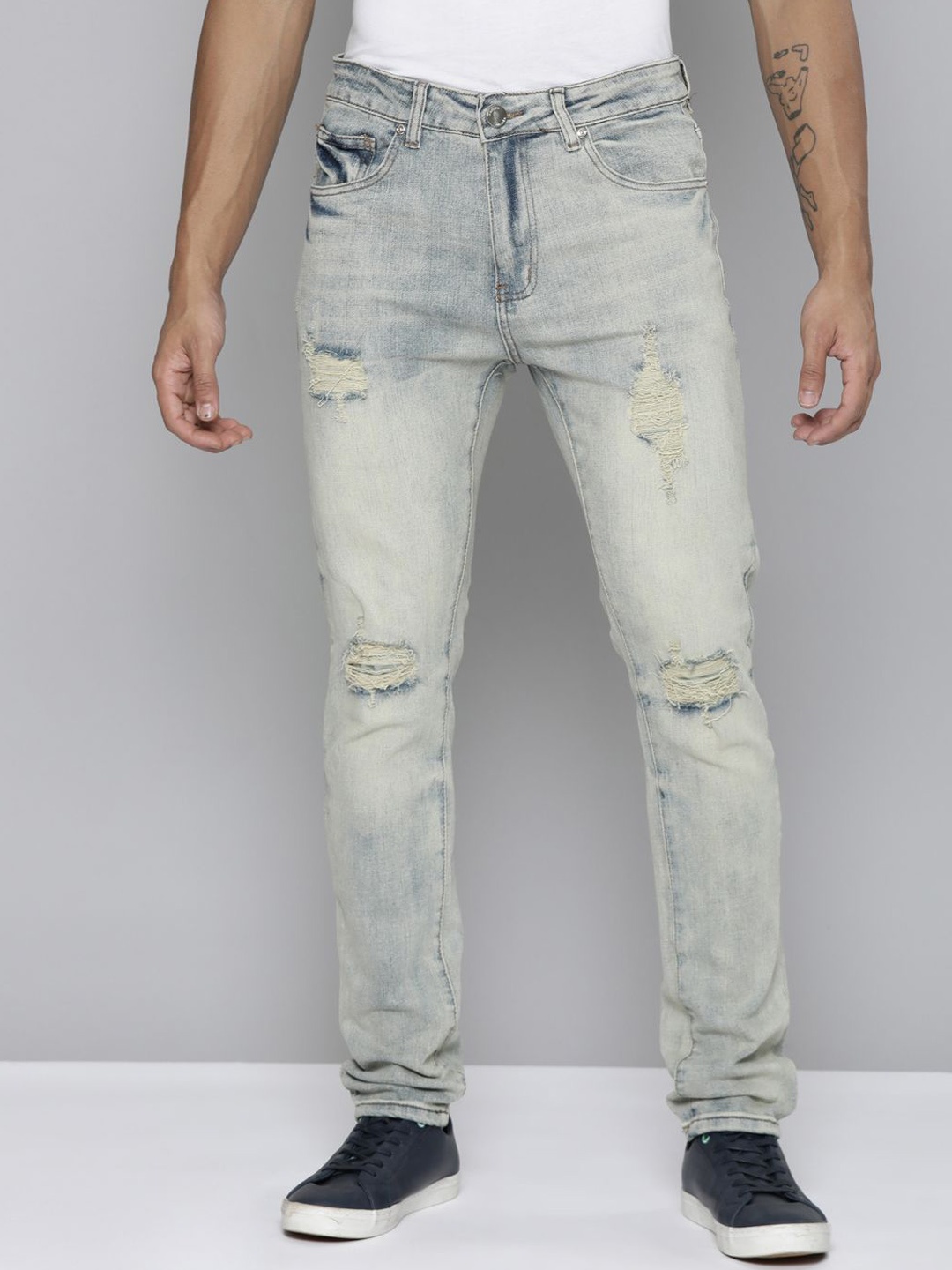 

WAIMEA Men Comfort Skinny Fit Mildly Distressed Heavy Fade Stretchable Jeans, Blue