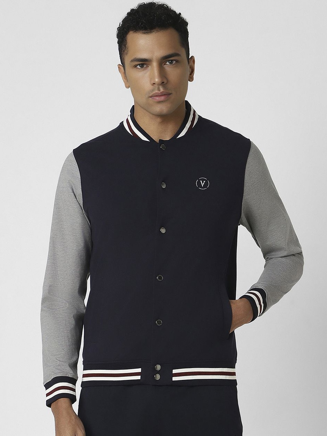 

Van Heusen Flex Men Solid Mock Collar Open Front Jacket, Navy blue