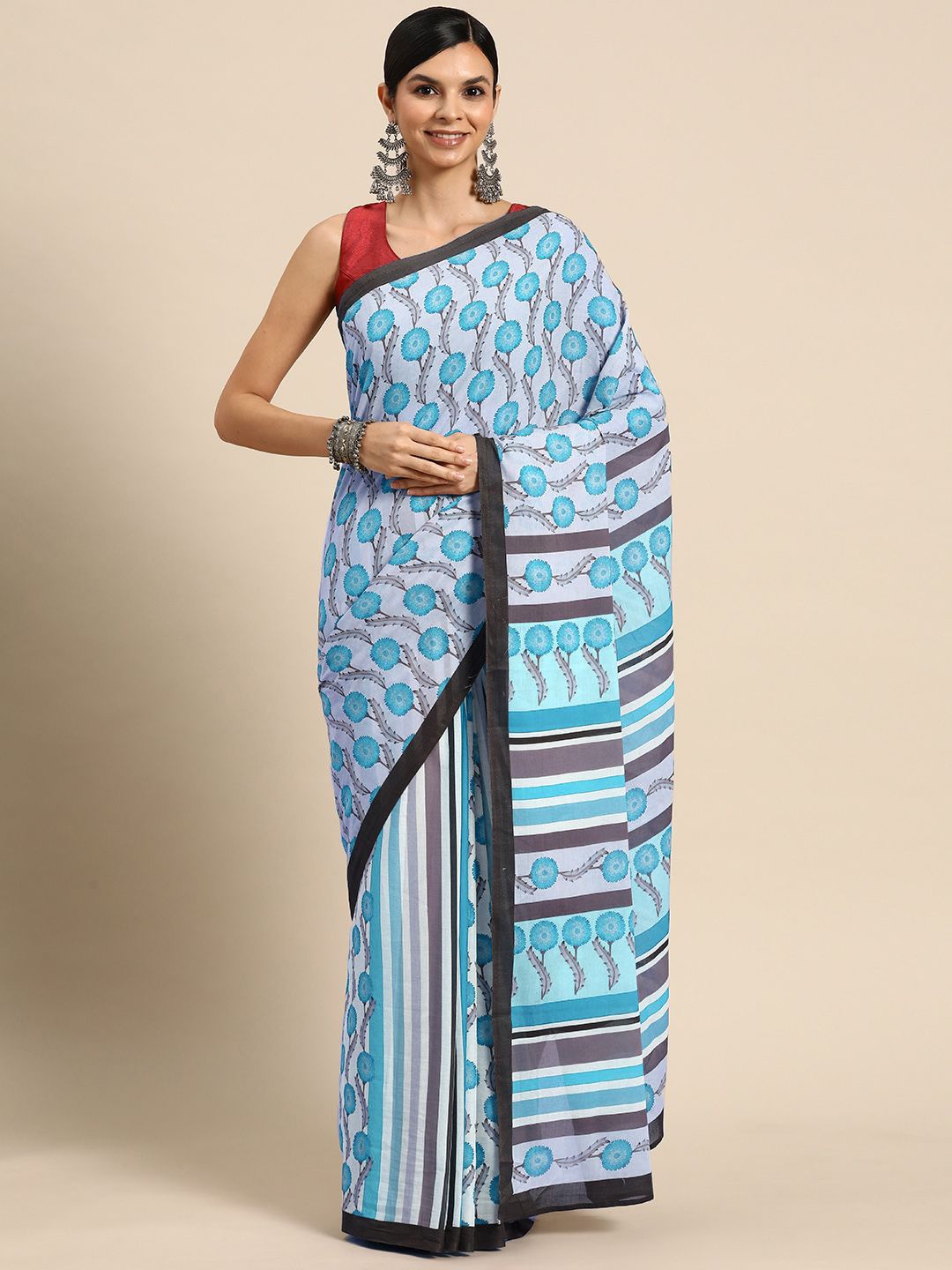 

BUTA BUTI Floral Printed Pure Cotton Saree, Blue