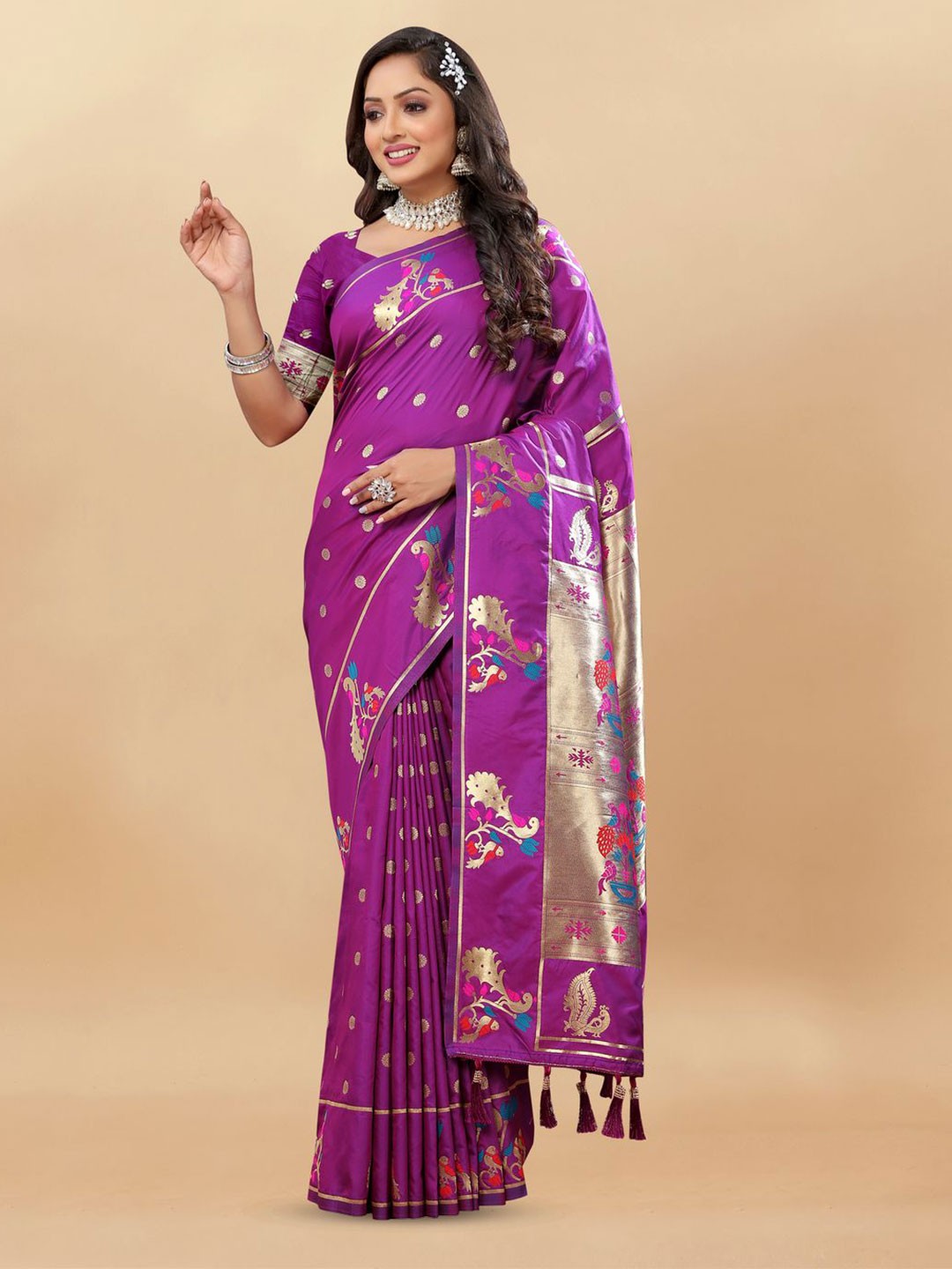 

MOKSHA DESIGNS Woven Design Zari Pure Silk Paithani Saree, Purple