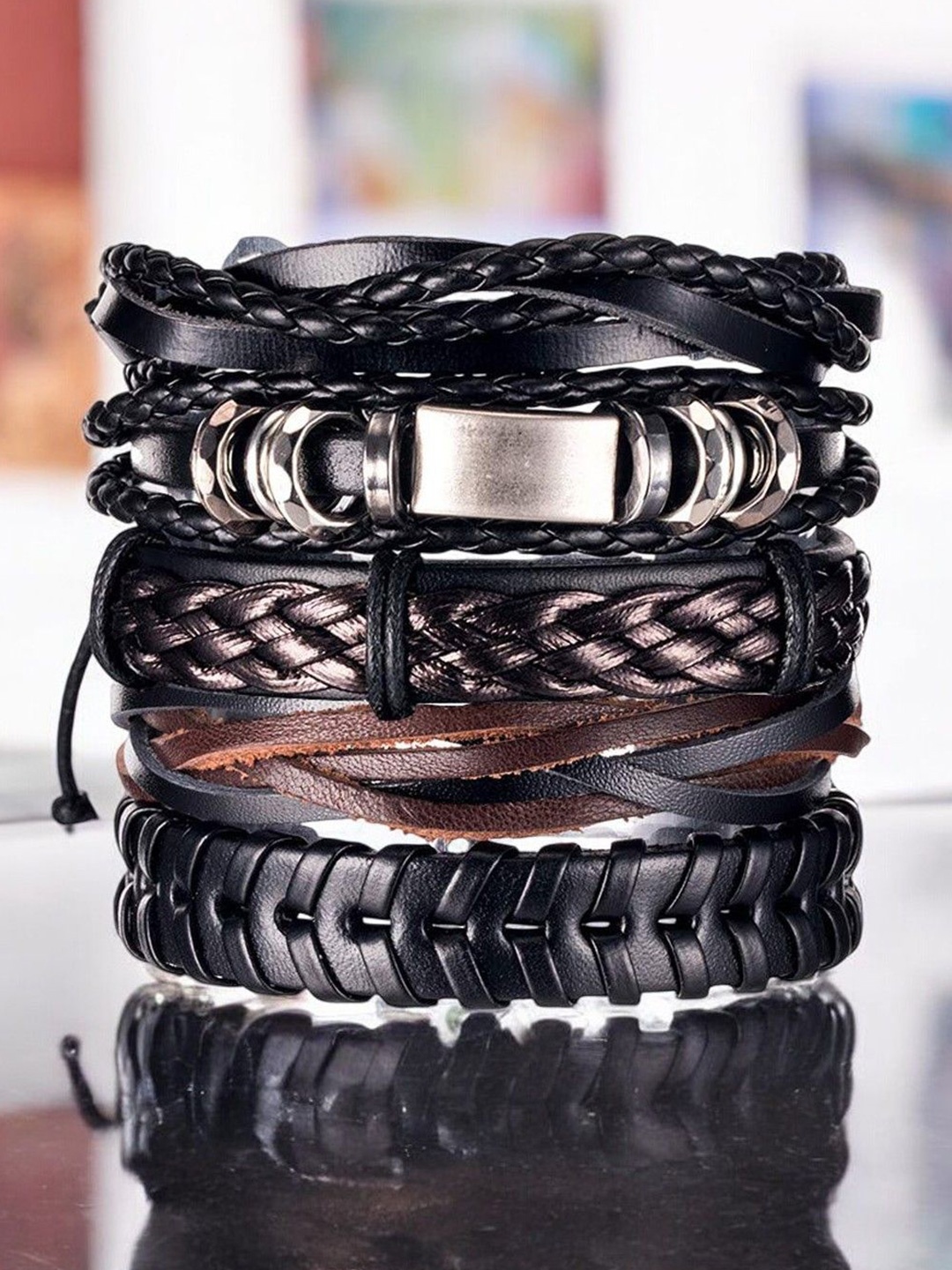 

fabula Set Of 6 Men Leather Wraparound Bracelet, Black
