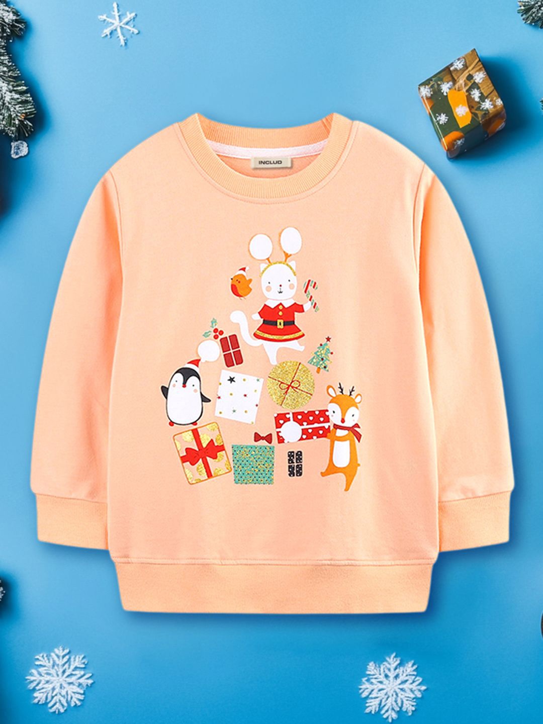 

INCLUD Girls Graphic Printed Round Neck Sweatshirt, Peach