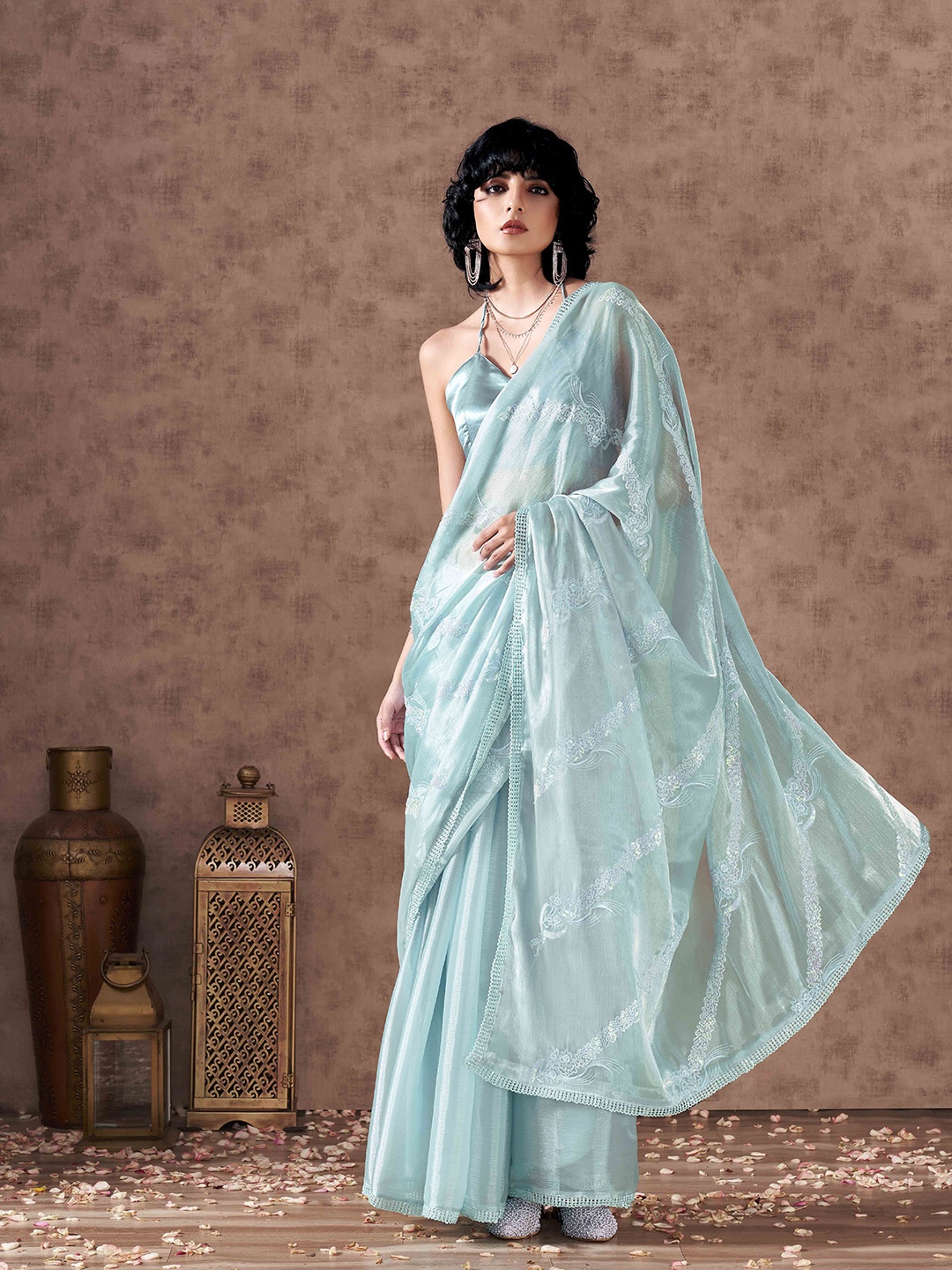 

Tikhi Imli Floral Sequinned Poly Chiffon Half and Half Saree, Blue