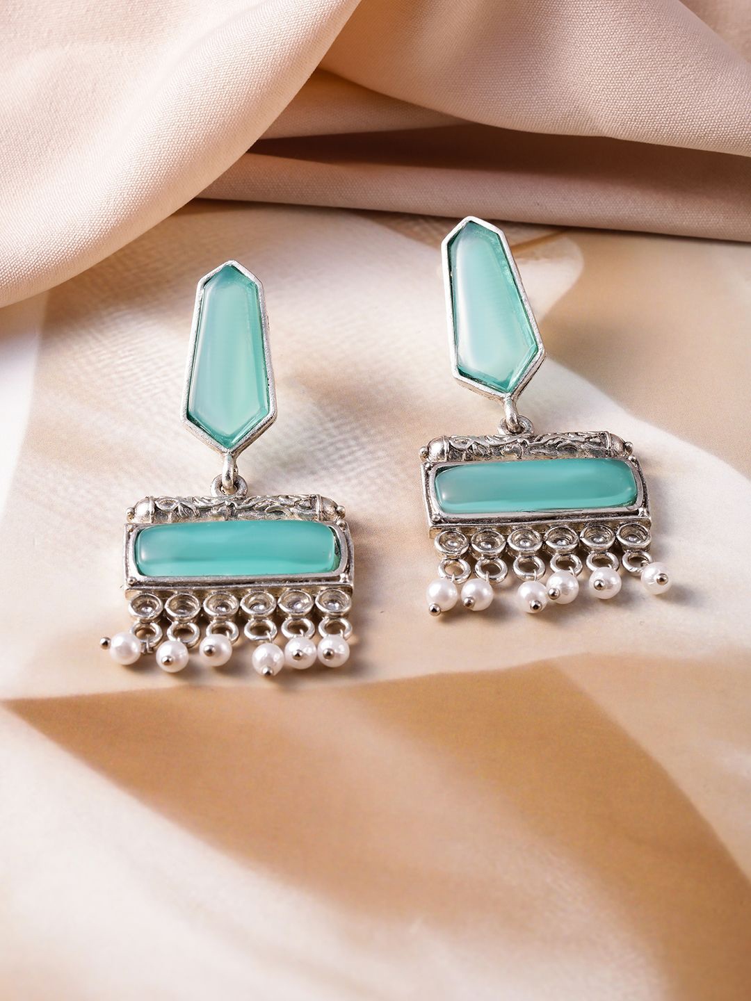 

Rubans Oxidised Silver-Plated Turquoise Blue & White Pearl Beaded Earrings