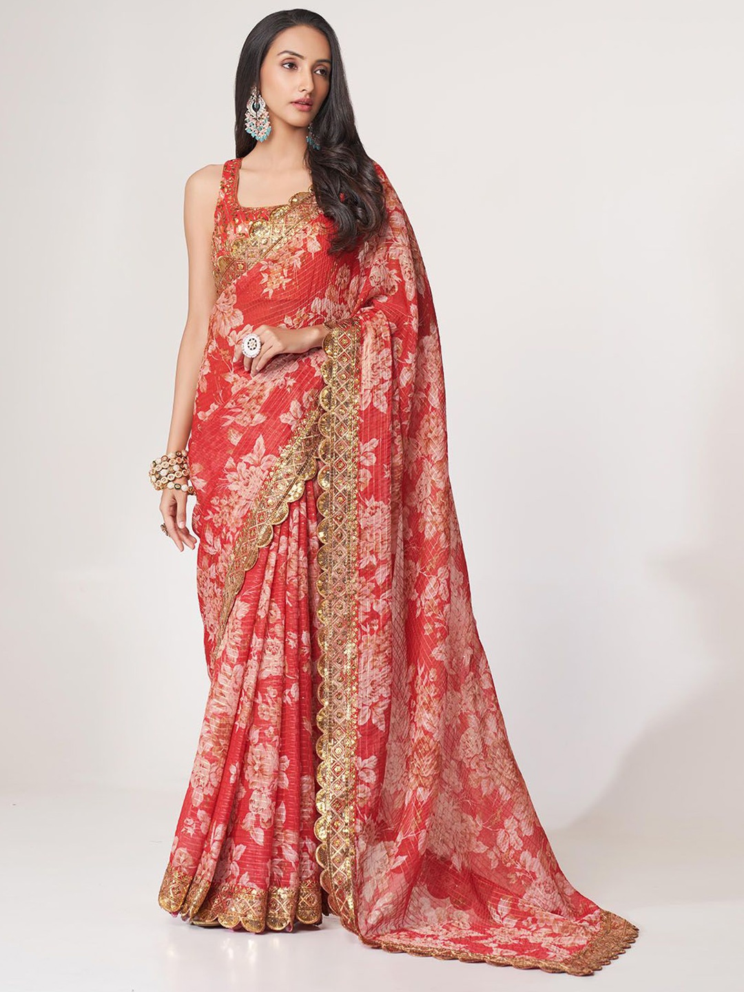 

ODETTE Floral Embroidered Organza Saree, Red