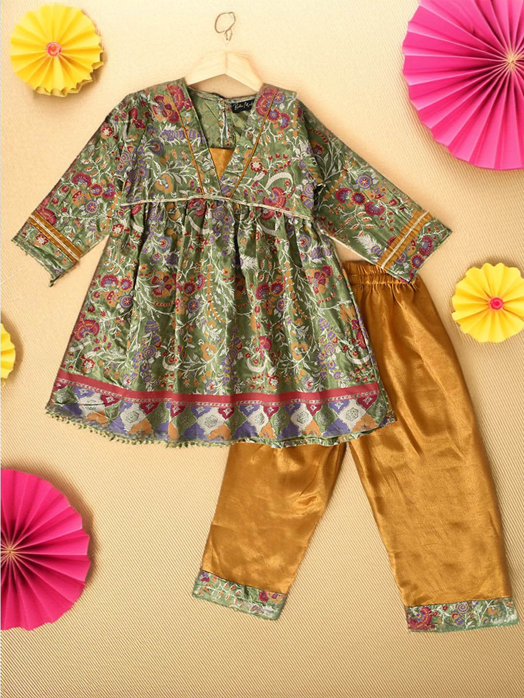 

Bella Moda Girls Ethnic Motifs Printed A-Line Silk Crepe Kurti with Trousers, Green