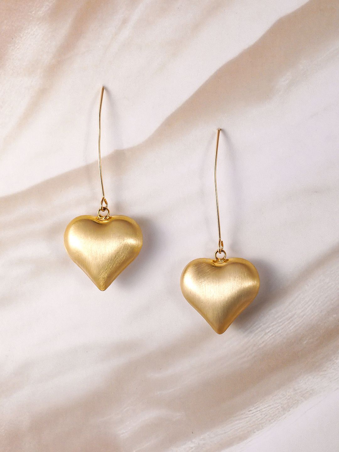 

Rubans 18K Gold Plated Heart-Shaped Drop Earrings with Long Wire Hook Design