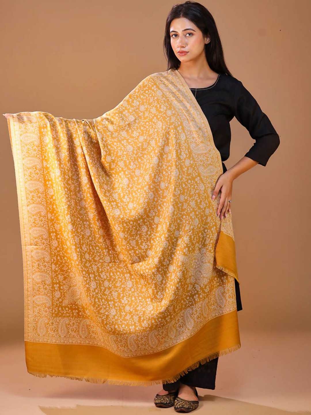 

SWI Stylish Paisley Woven Design Jamawar Wool Shawl, Yellow