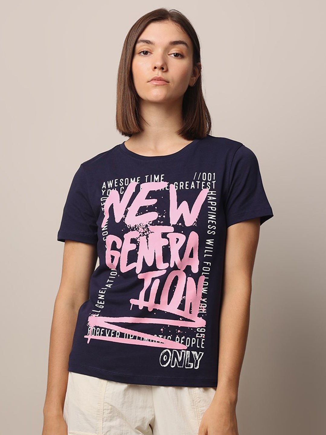 

ONLY Women Typography Printed Round Neck Cotton T-shirt, Blue