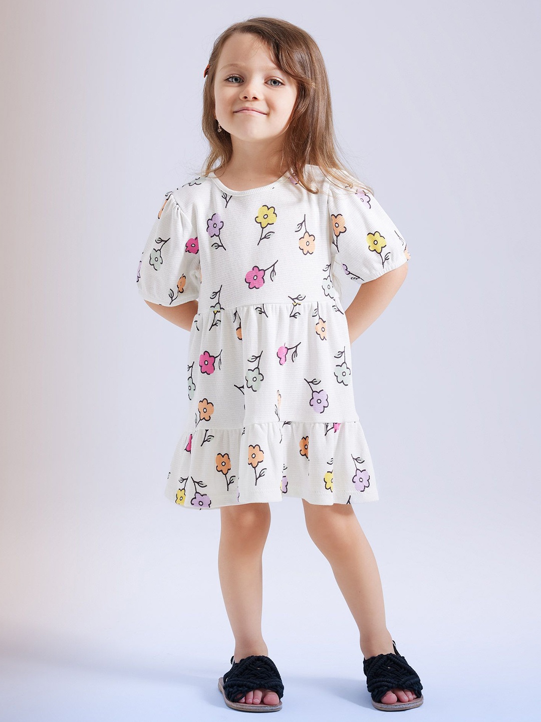 

DeFacto Girls Floral Printed Round Neck A-Line Dress, White