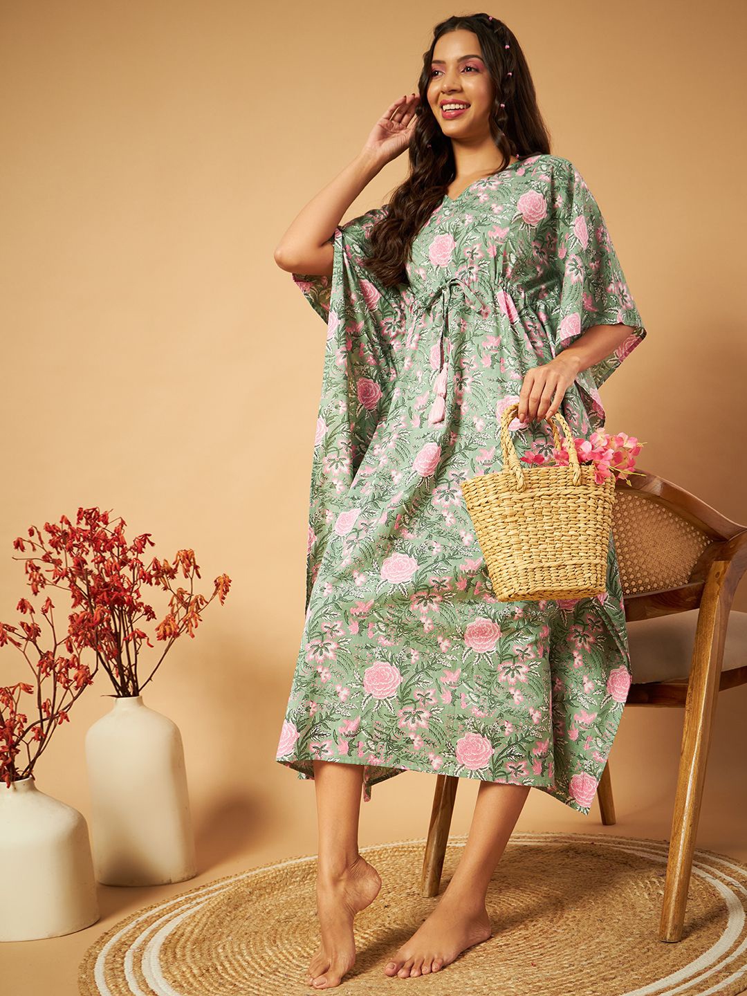 

ETC Women Printed Pure Cotton Kaftan Nightdress, Green