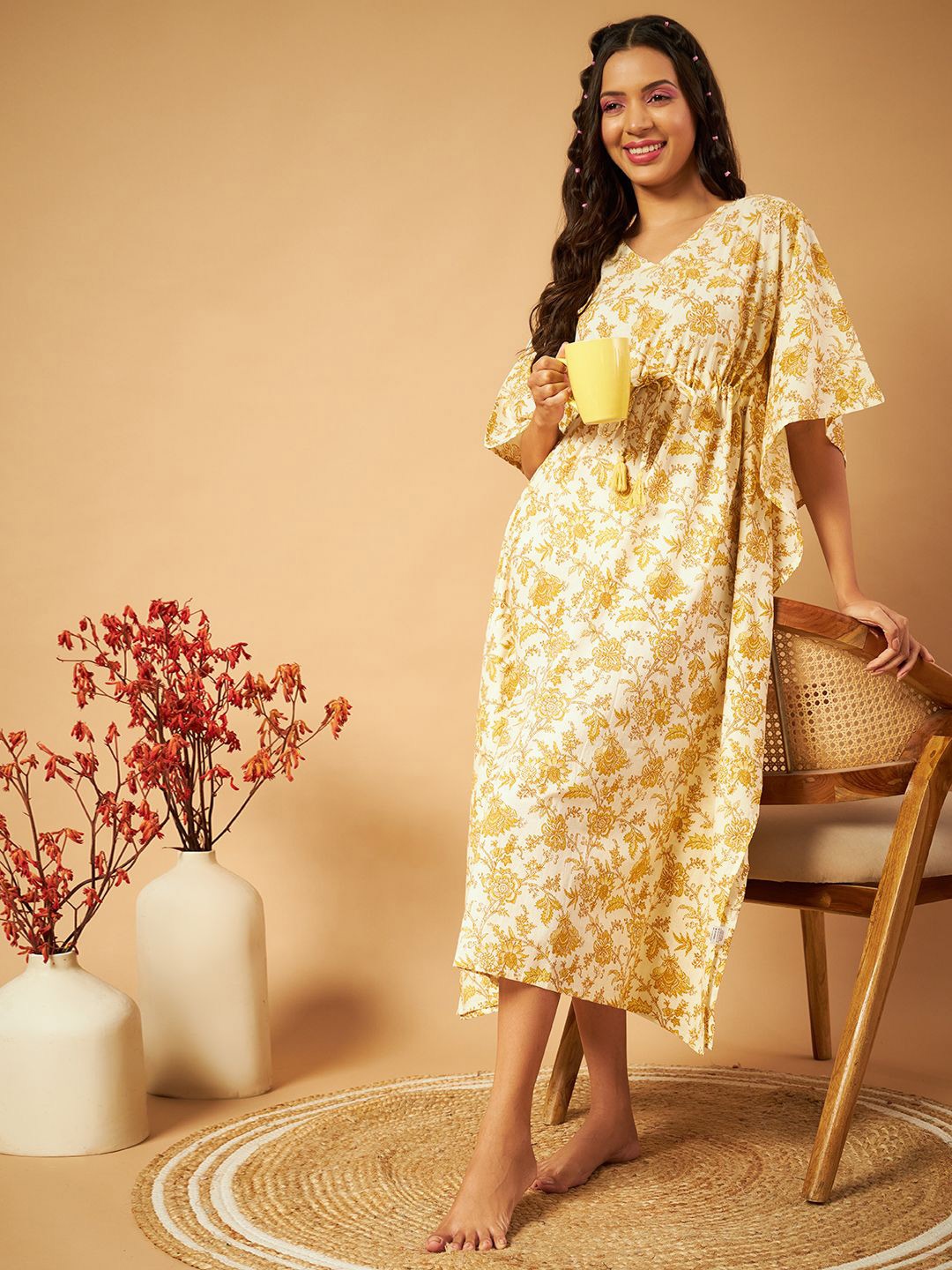 

ETC Women Floral Printed Pure Cotton Kaftan Midi Nightdress, Yellow
