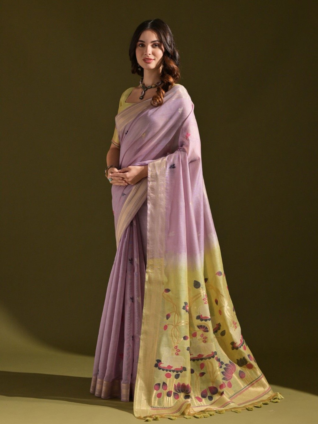 

VISHNU WEAVES Woven Design Zari Pure Cotton Muga Saree, Lavender