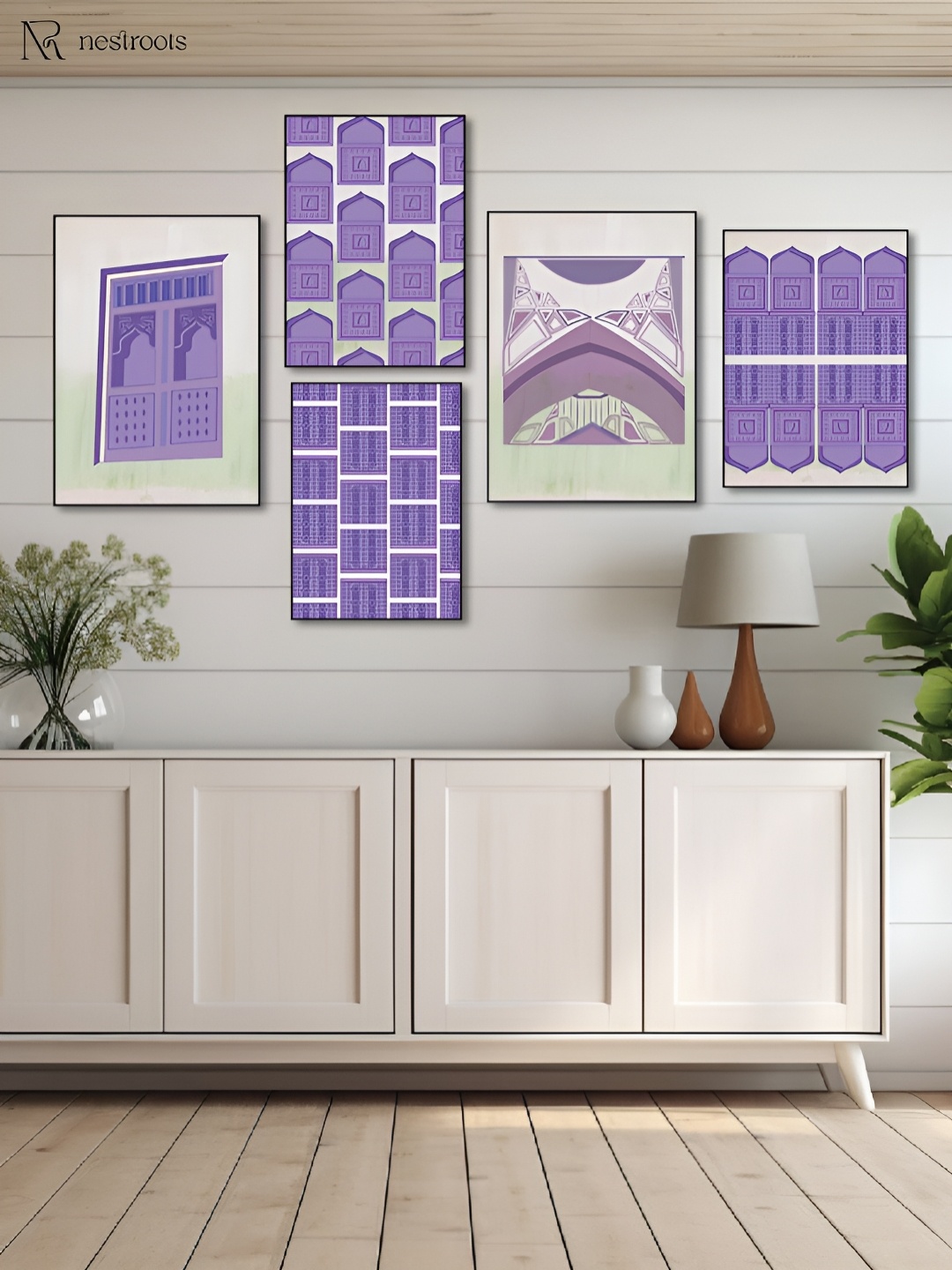 

nestroots Purple & Green 5 Pieces Islamic Tomb Printed Religious Canvas Wall Art