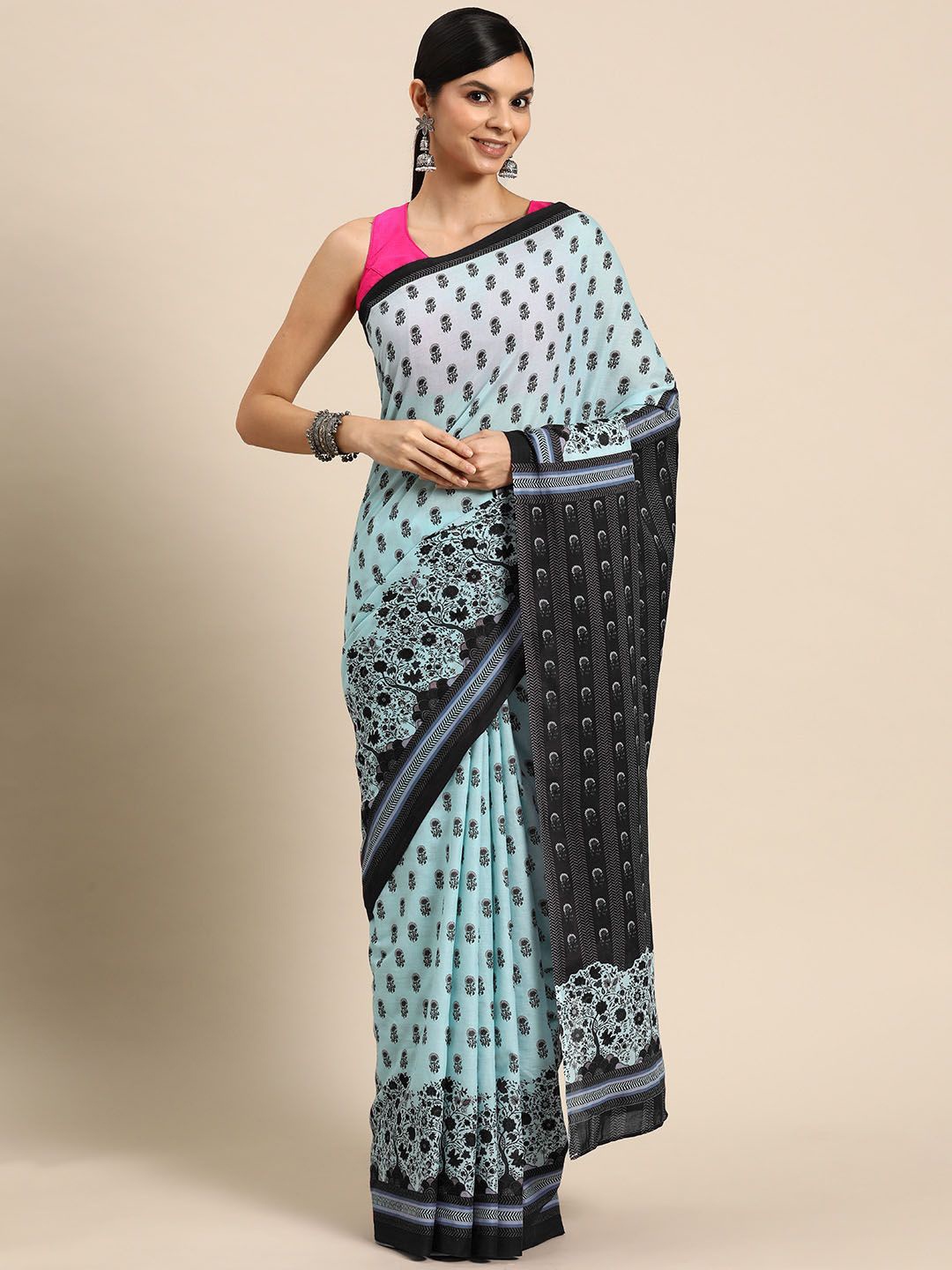 

BUTA BUTI Floral Pure Cotton Saree, Blue