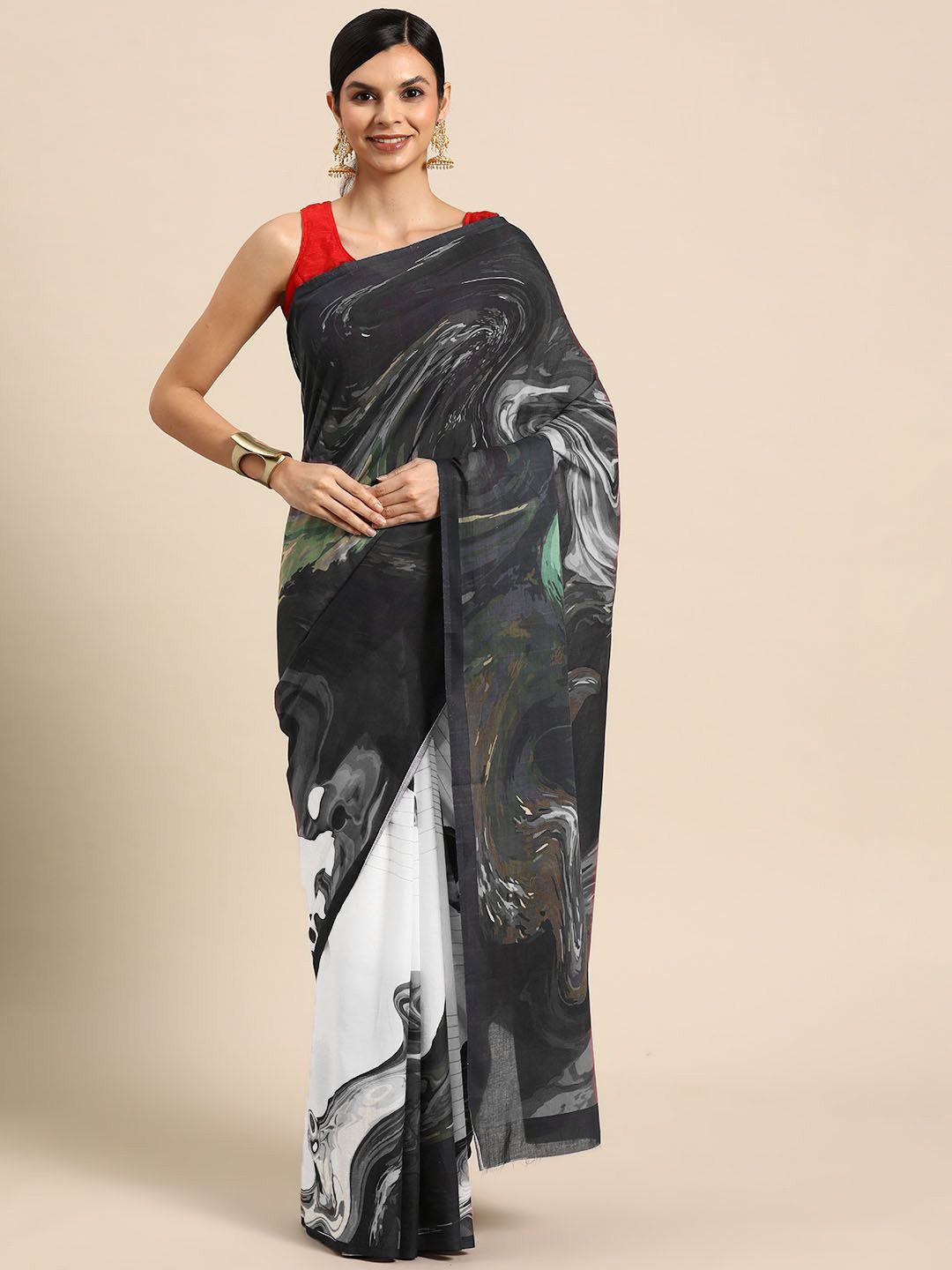 

BUTA BUTI Abstract Printed Pure Cotton Saree, Black