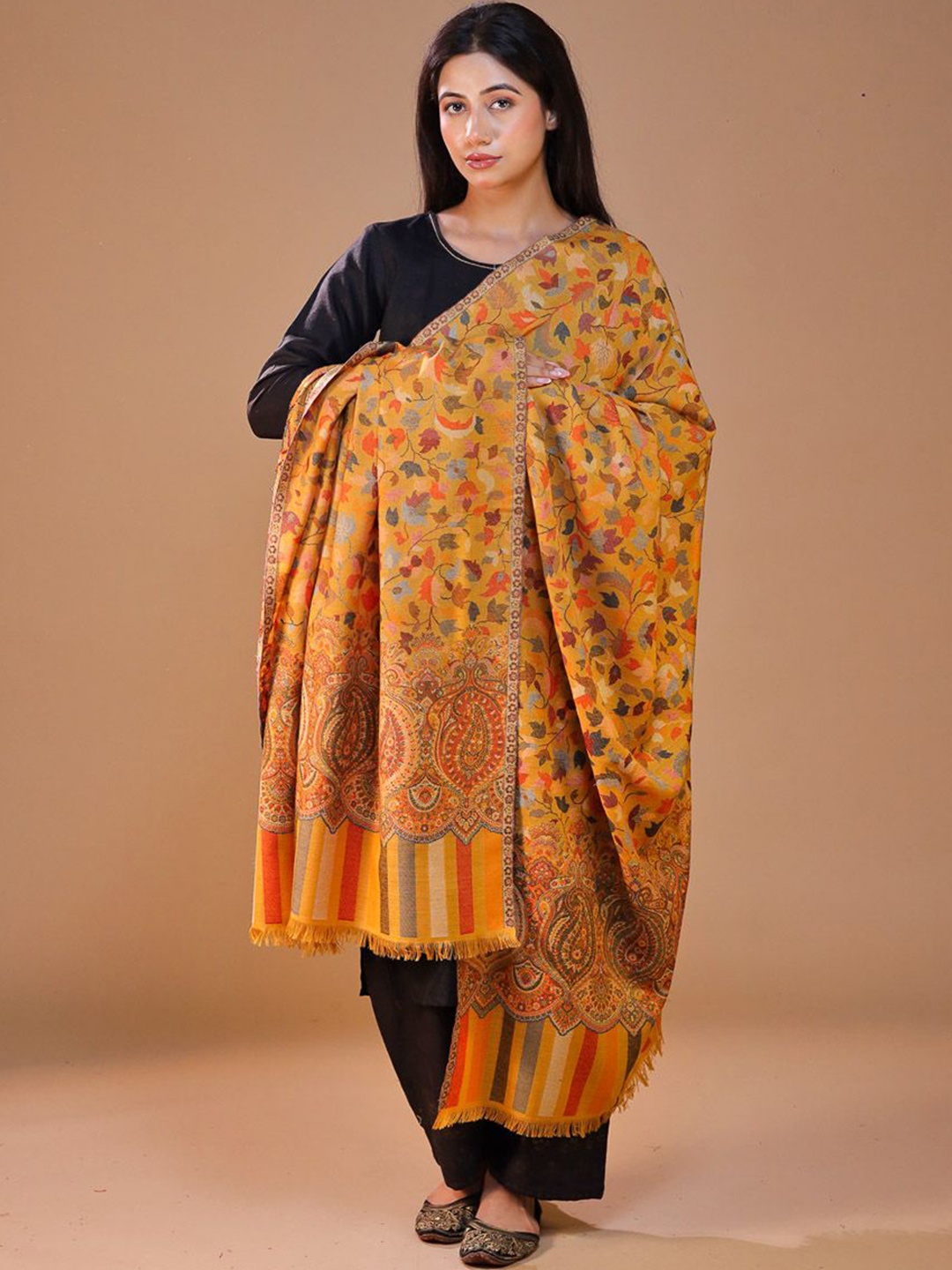 

SWI Stylish Ethnic Motifs Woven Design Woolen Shawl, Yellow