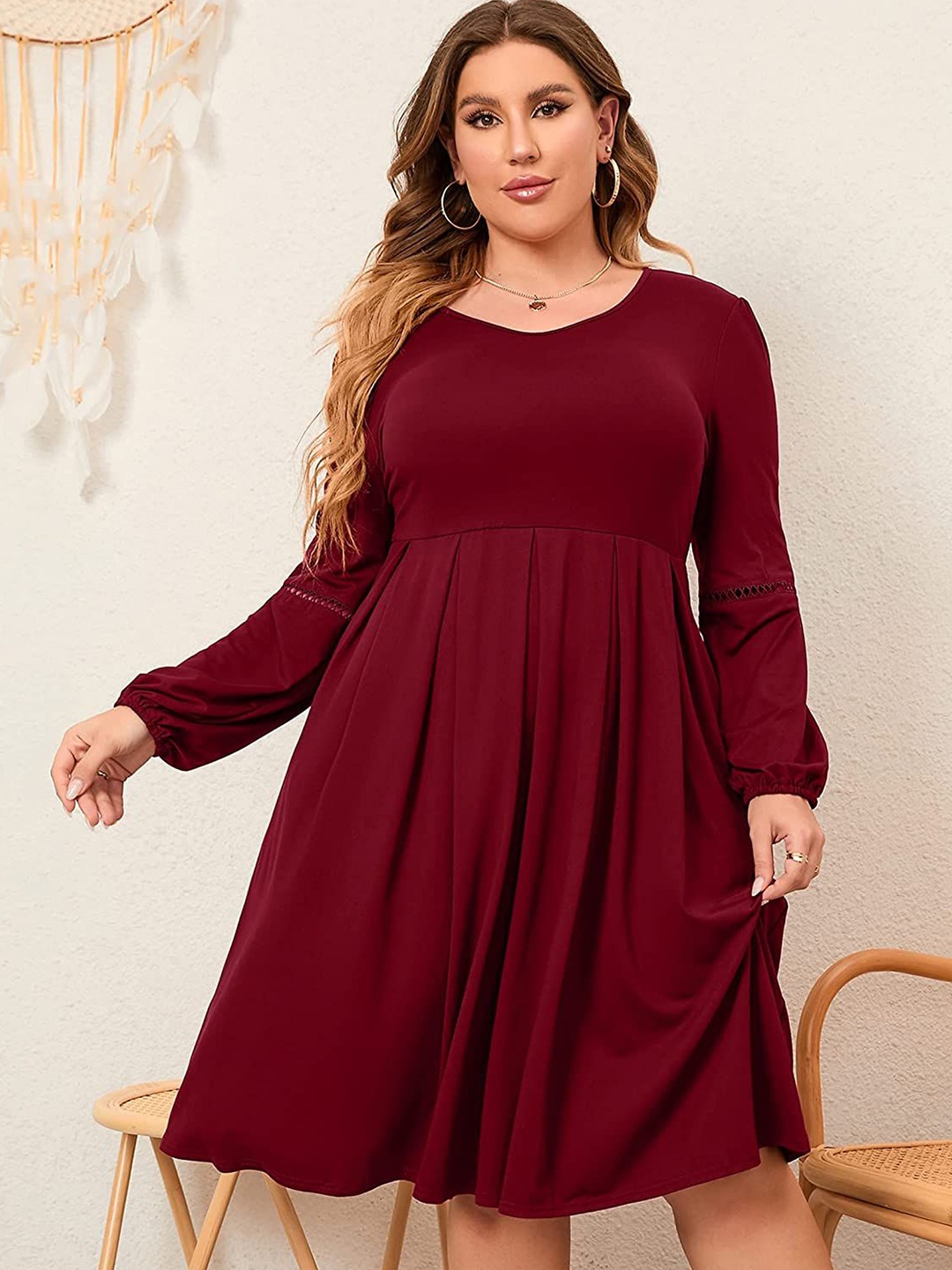 

Samsara Couture Fit & Flare Round Neck Knee Length Plus Size Dress, Burgundy