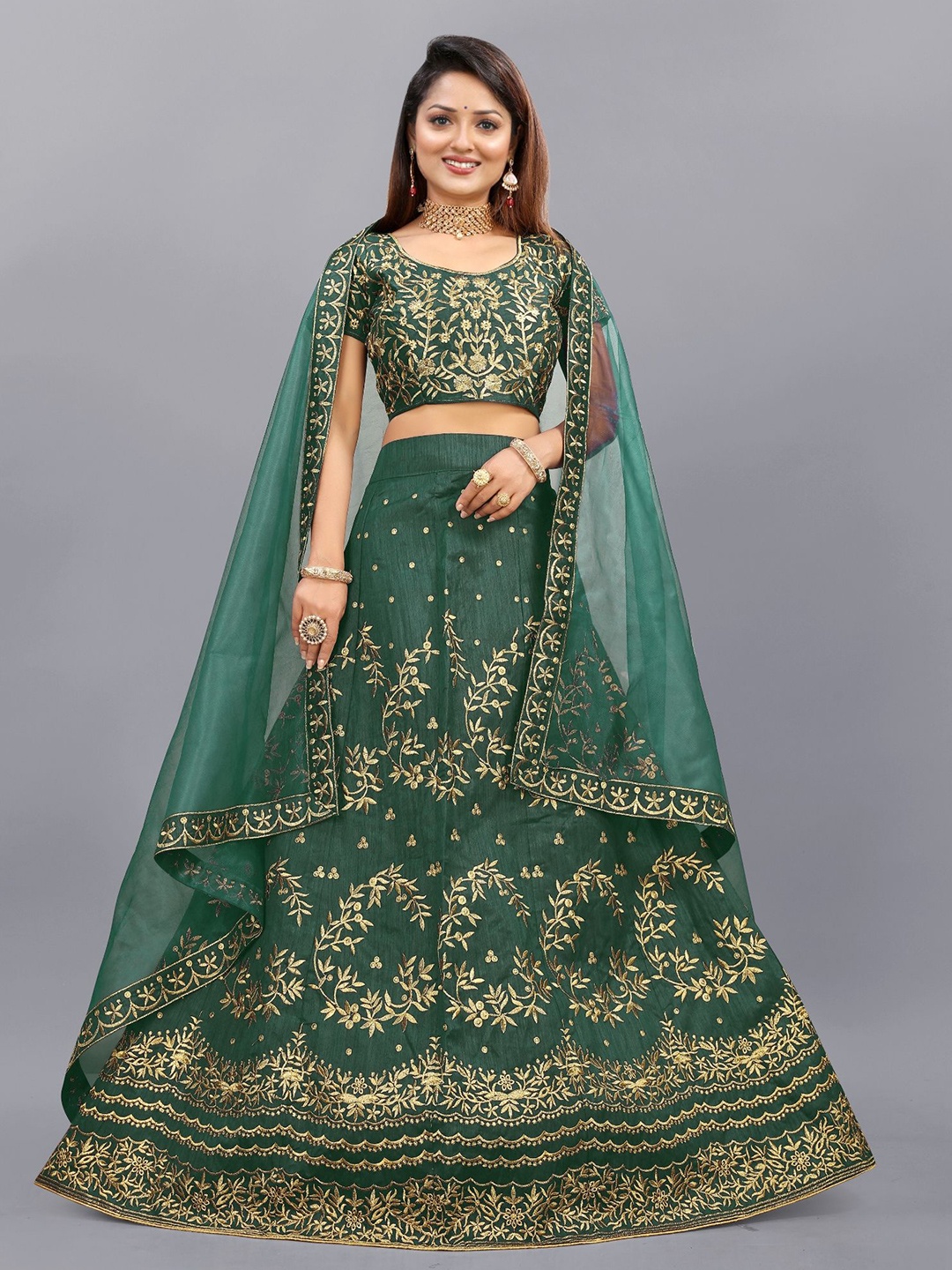 

APNISHA Embroidered Semi Stitched Lehenga & Unstitched Blouse With Dupatta, Green