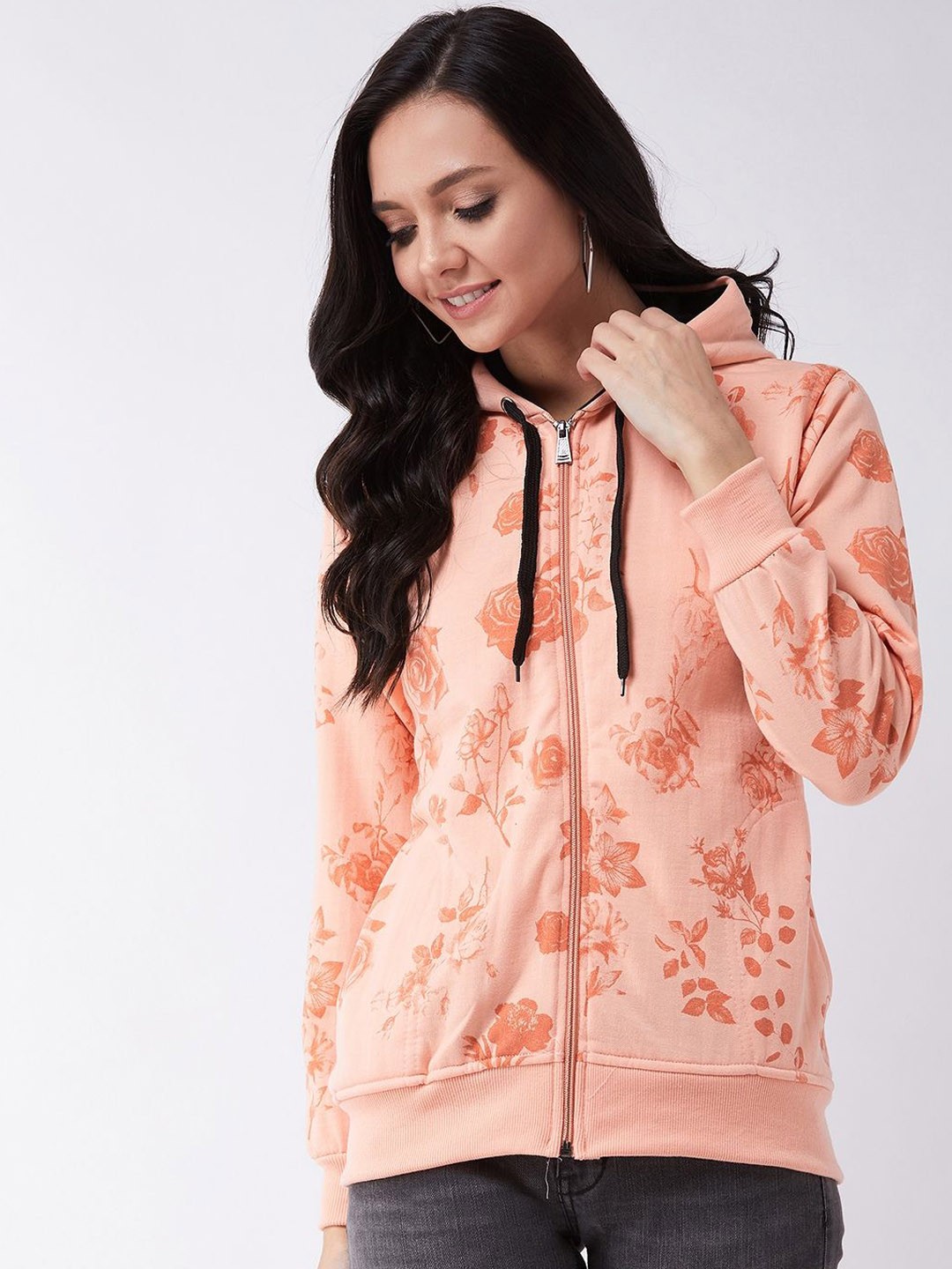 

PIVL Women Floral Printed Hooded Windcheater Jacket, Peach