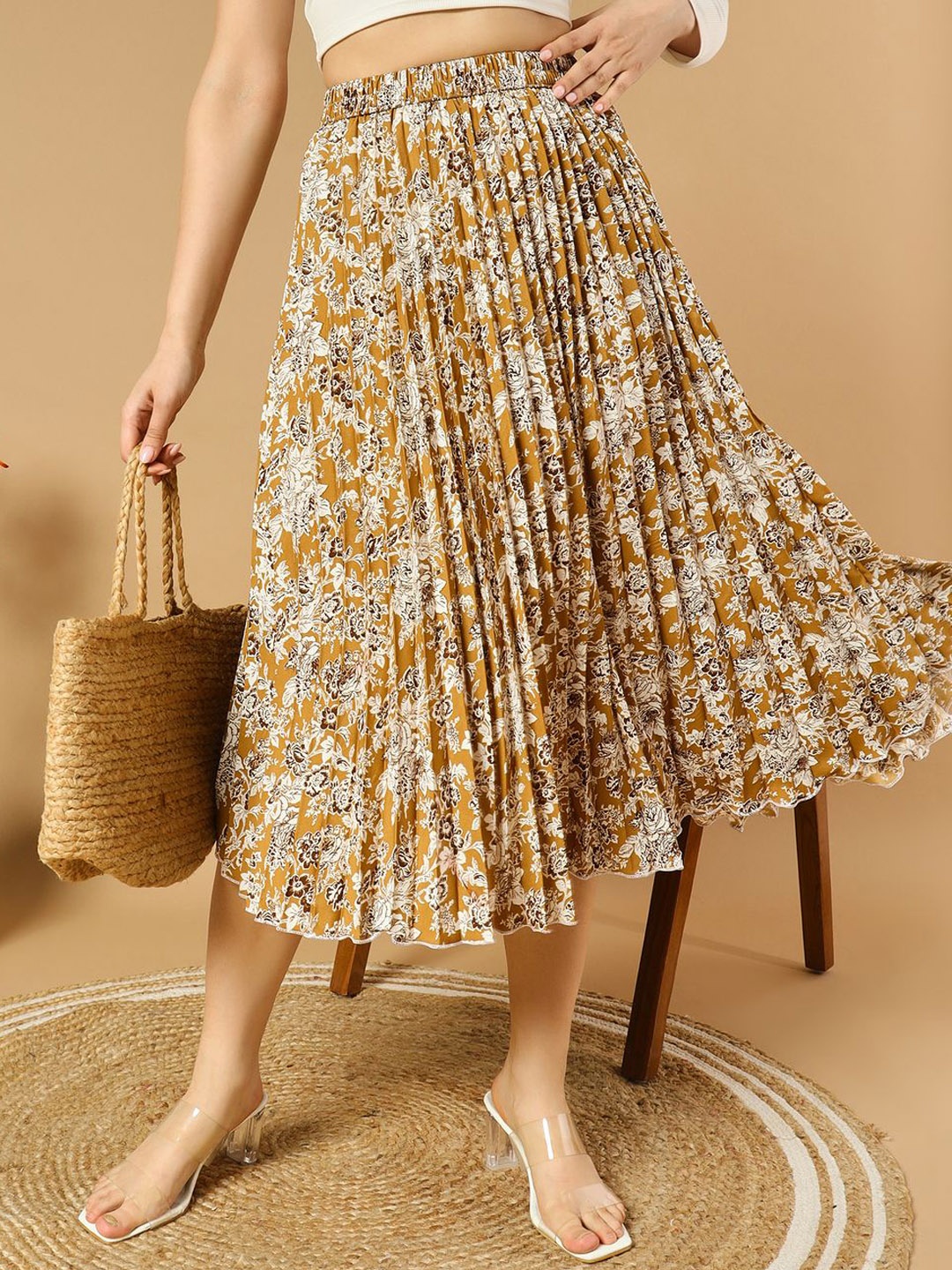 

OTABU Women Floral Printed Pleated A-Line Midi Skirts, Yellow