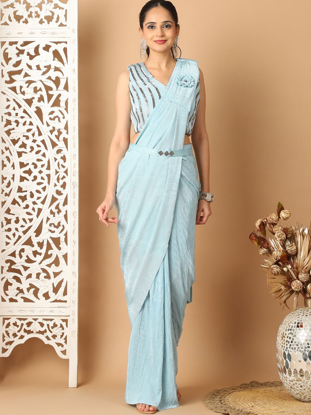 

Grancy Beads and Stones Ready to Wear Solid Leheriya Saree, Blue