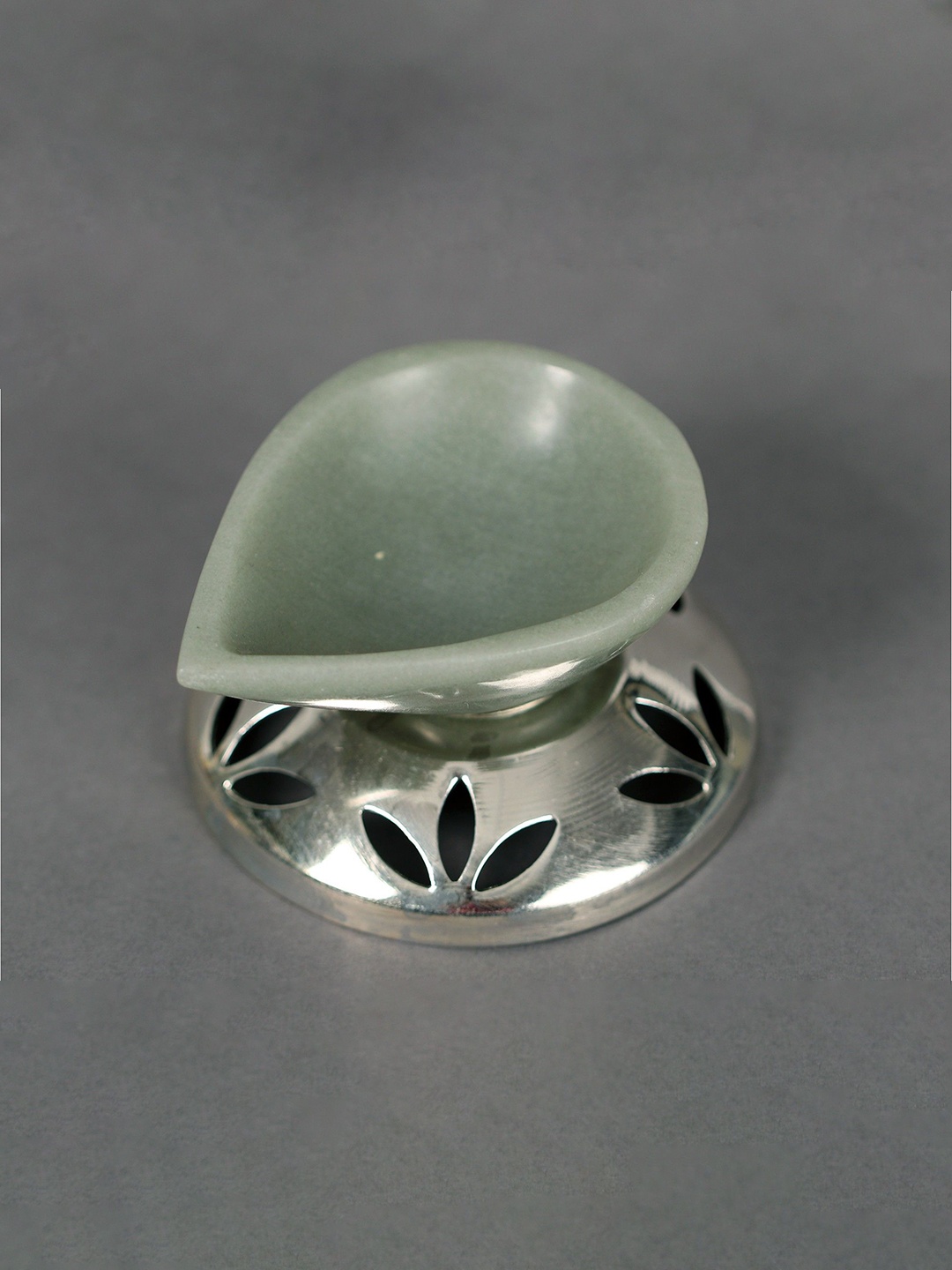 

Exotic India 3" Small Green Aventurine Gemstone Diya & Silver- Plated Base