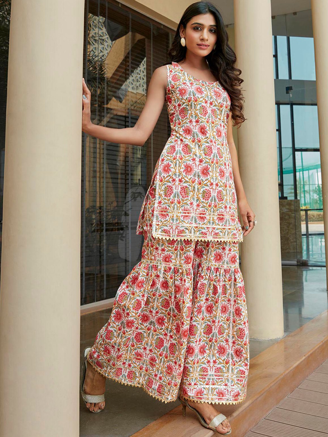 

KALINI Floral Printed Gotta Patti Pure Cotton Kurta with Sharara, White
