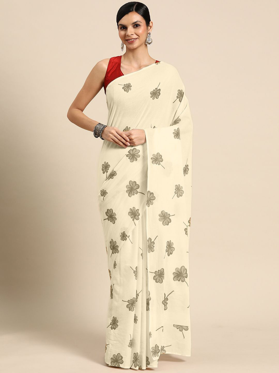 

BUTA BUTI Floral Printed Pure Cotton Saree, Yellow