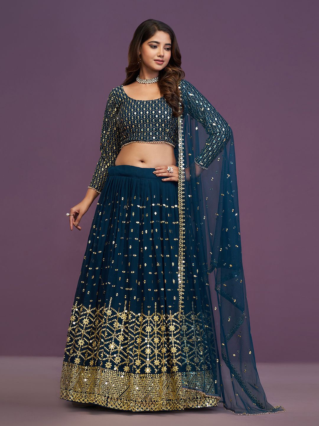 

JIHU CULTURE Embellished Sequinned Semi-Stitched Lehenga & Blouse With Dupatta, Blue