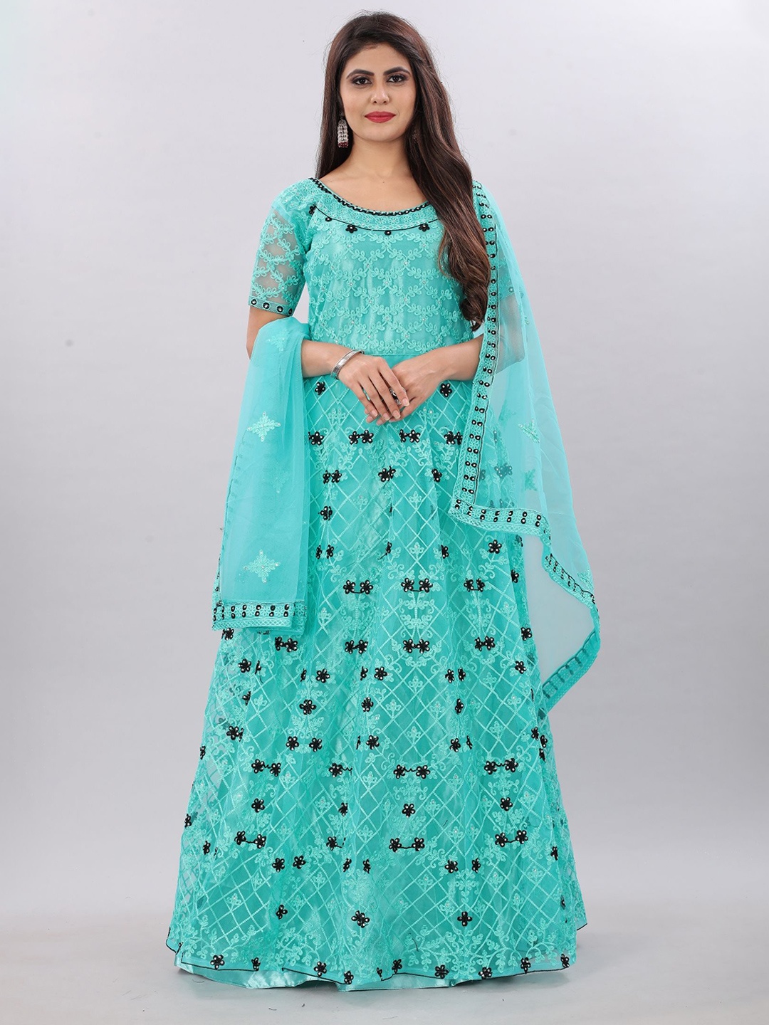 

Aika Women's Floral Embroidered Net Fit & Flare Maxi Dress, Turquoise blue