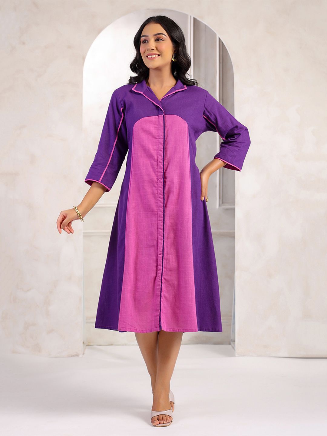 

ARAVALII Women Cotton Fit & Flare Midi Dress, Purple