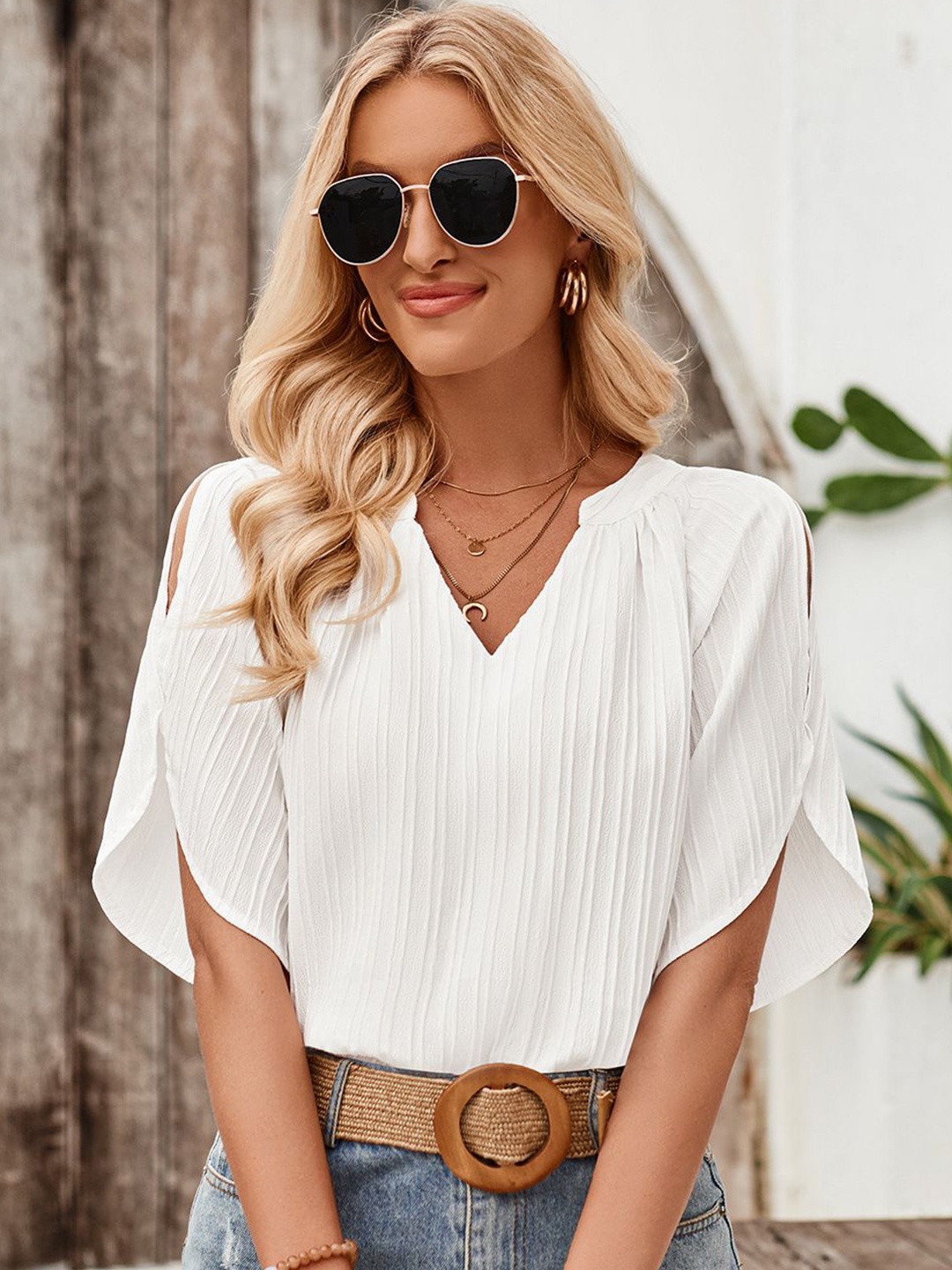 

StyleCast Women Self Design Mandarin Collar Top, White