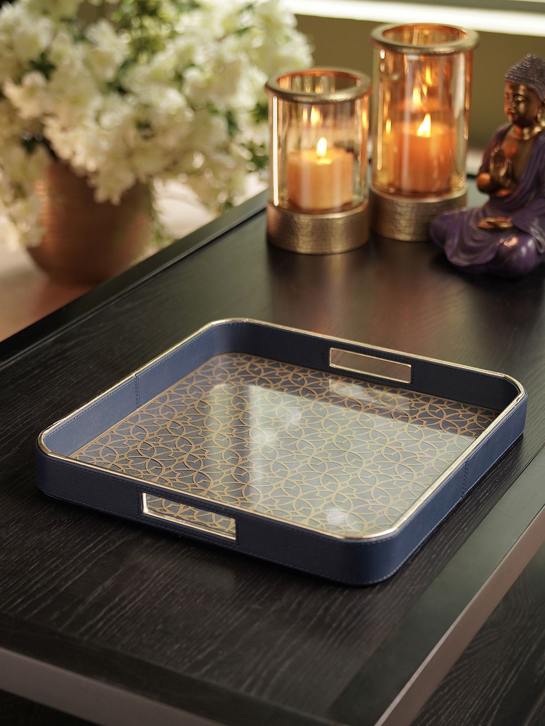 

Pure Home and Living Blue Printed Glass Serving Tray