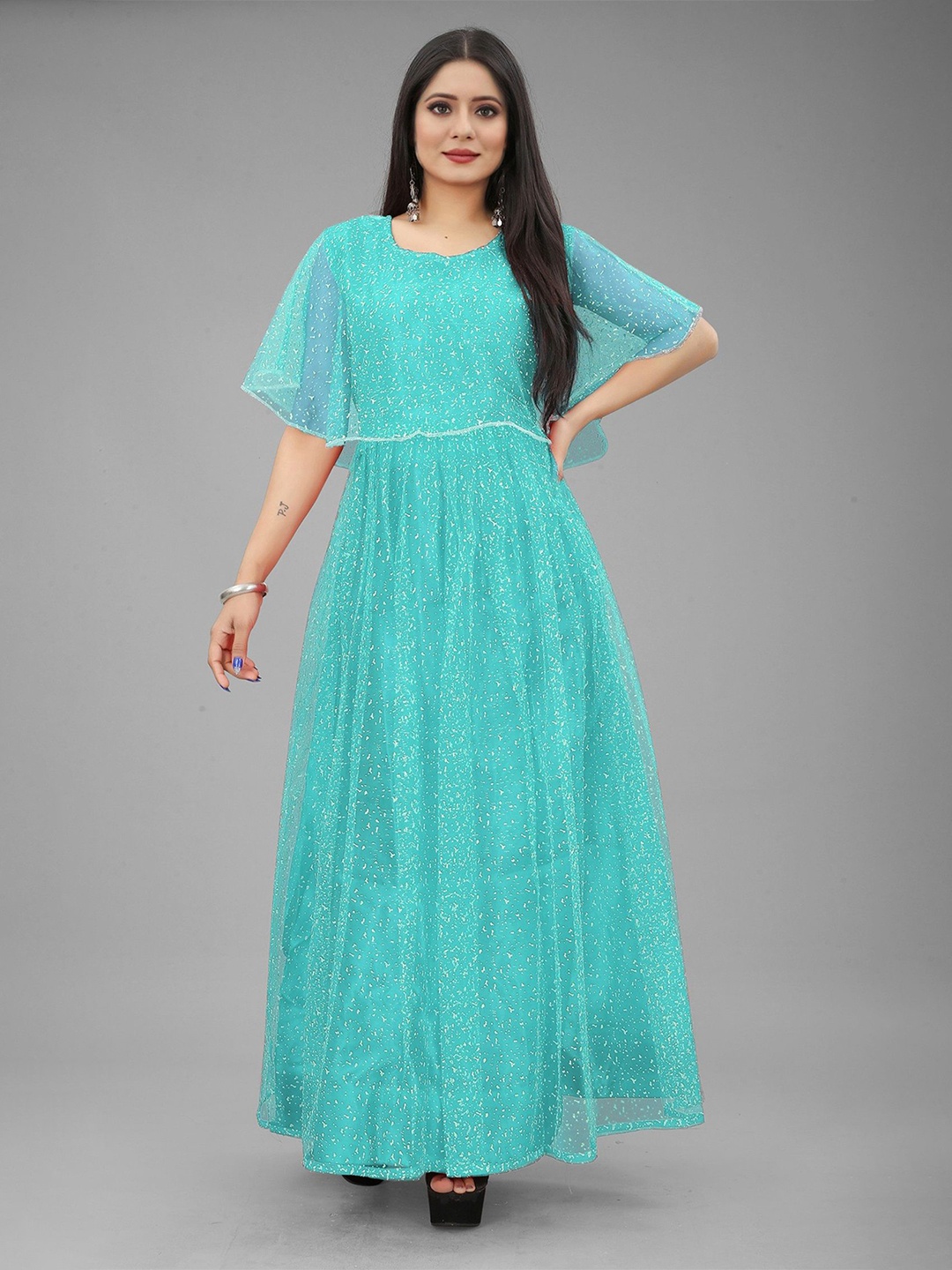 

Aika Ethnic Motifs Dyed Flared Sleeve Fit & Flare Maxi Dress, Turquoise blue