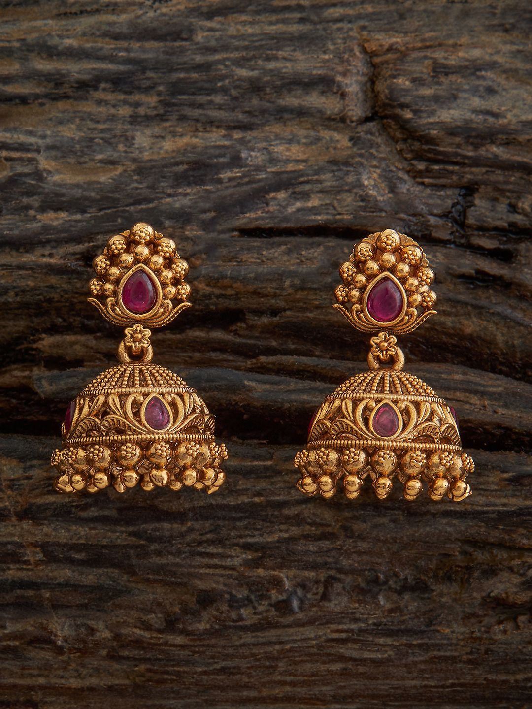 

Kushal's Fashion Jewellery Gold-Plated Stones Studded Dome Shaped Jhumkas, Red