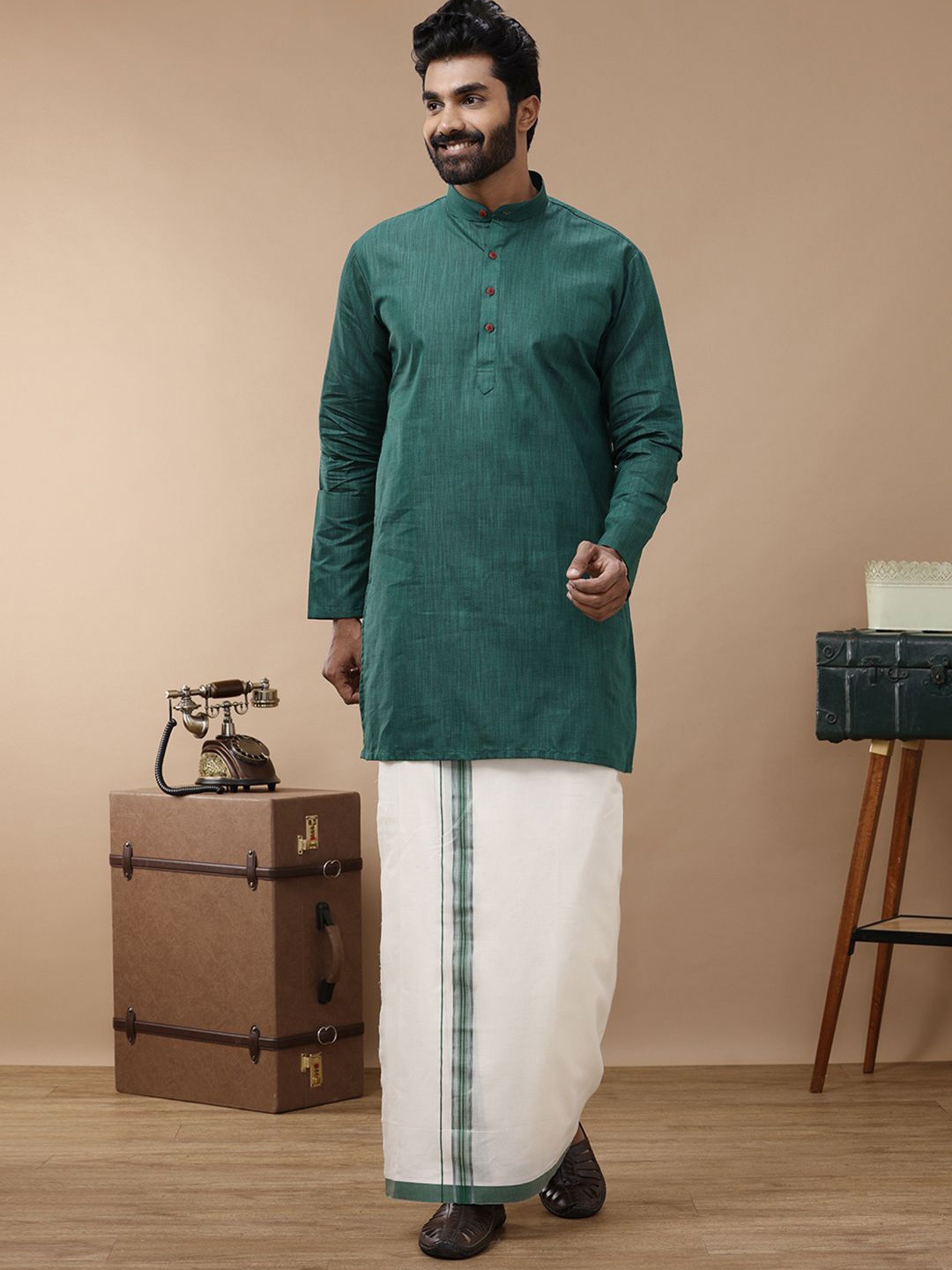 

Ramraj Mandarin Collar Long Sleeves Pure Cotton Straight Kurta With Kora Double Dhoti, Green