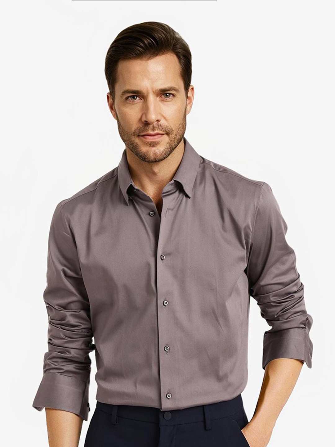

RARE RABBIT Men Comfort Spread Collar Solid Cotton Party Shirt, Grey