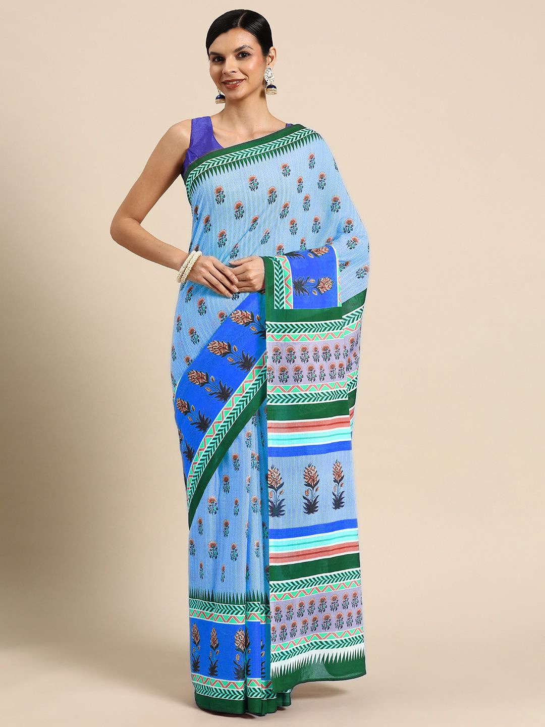 

BUTA BUTI Floral Printed Pure Cotton Saree, Blue