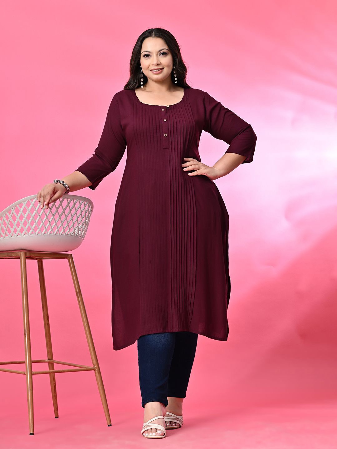 

PrettyPlus by Desinoor.com Plus Size Pintucks Round Neck Straight Kurta, Burgundy