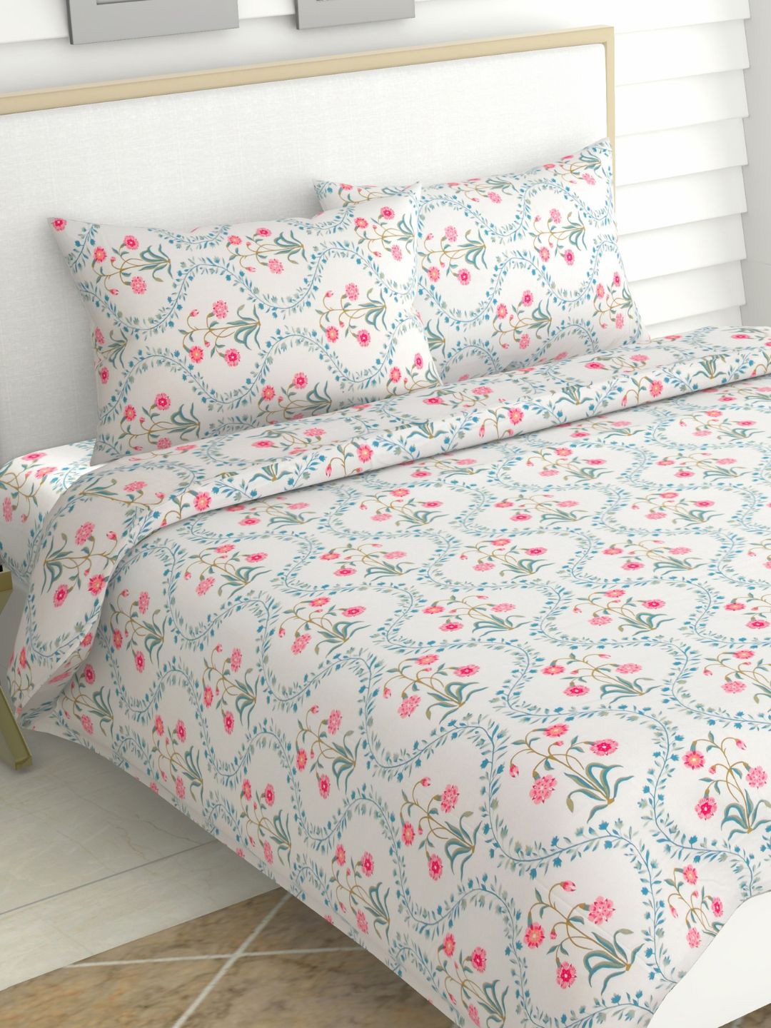 

haus & kinder Pink & White Ethnic Motifs 186 TC King Bedsheet with 2 Pillow Covers